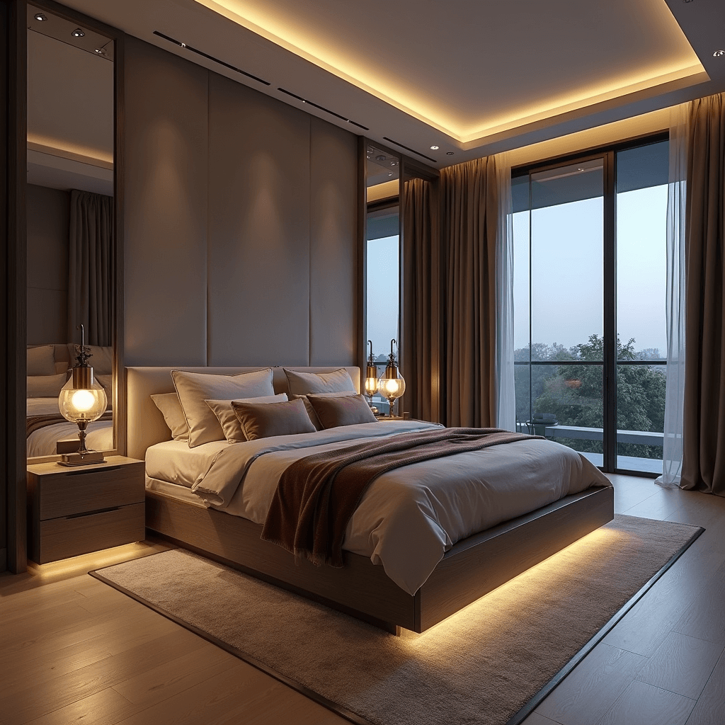 A dusk-lit sophisticated 11'x11' bedroom featuring a weathered gray oak platform bed with integrated storage, mirrored sliding closet doors, and velvet accents, all enhanced by ambient lighting from sleek wall sconces and hidden LED strips.