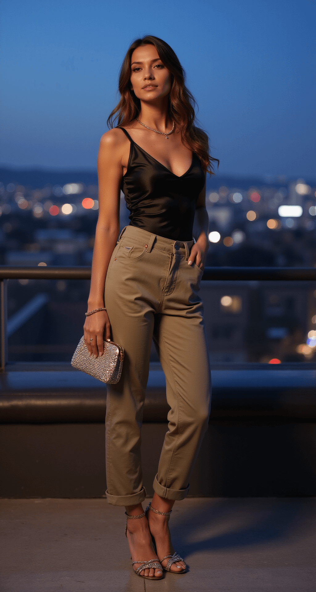 A model in slim-fit khaki cargo pants and a black silk bodysuit poses at a stylish rooftop bar during blue hour, with a small crystal-embellished clutch and strappy metallic heels, city lights creating a bokeh effect in the background.