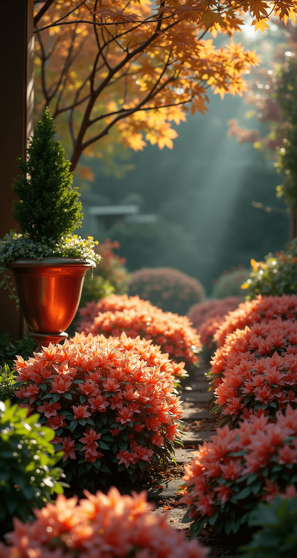 A serene secret garden scene in filtered afternoon light, featuring an enclosed bed of layered Begonia 'Picotee Sunburst' plants beneath Japanese Maples, with vintage copper planters adding architectural interest. The side lighting highlights the textures of the foliage and petals, with colors of copper orange, salmon pink, and burgundy against variegated green leaves. The shot is captured from a slightly elevated perspective.