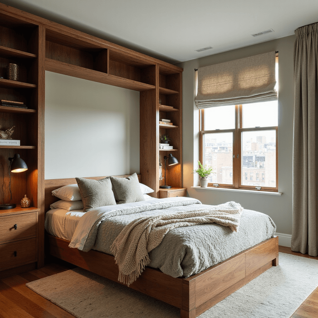 Cozy 9'x10' bedroom in soft afternoon light featuring a custom walnut bed frame with wraparound storage, vertical shelving units, a large window with light-filtering Roman shades, and various textures including chunky knit throws and silk pillows, all in a warm wood and soft sage color palette with modern matte black task lighting.