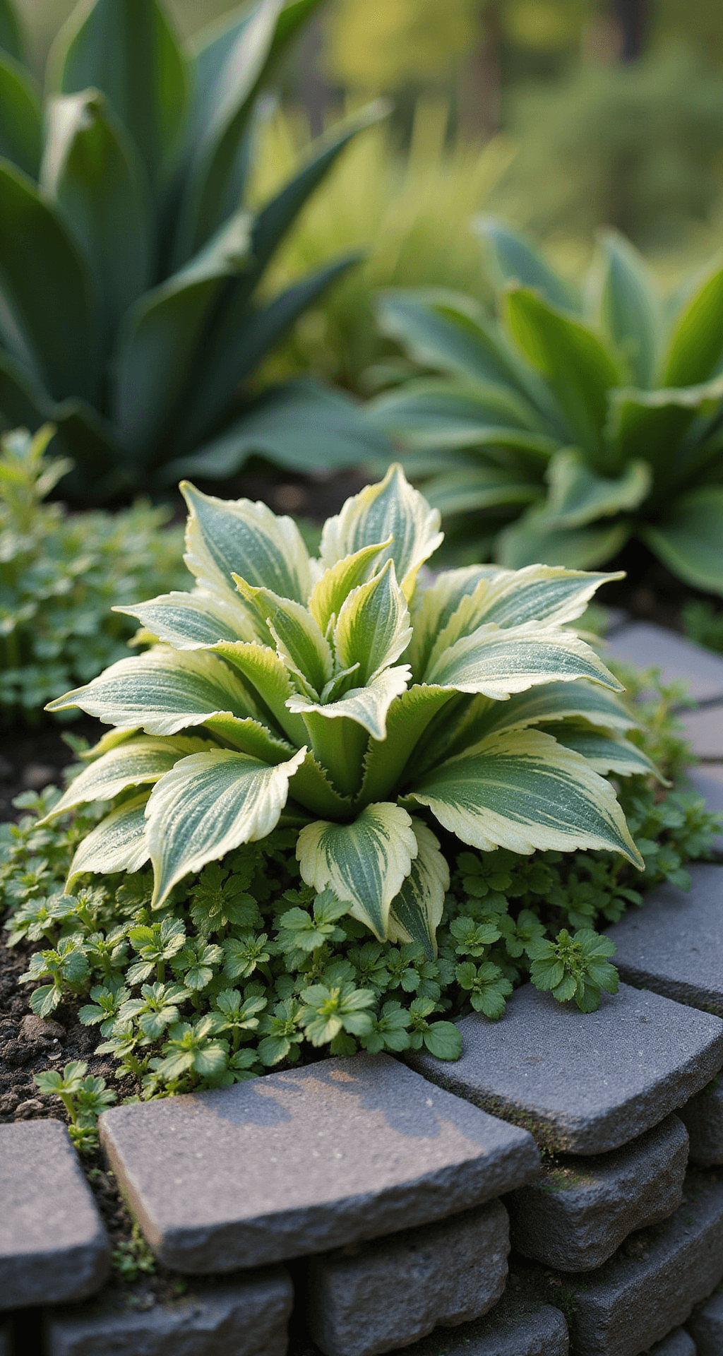 Close-up of a miniature garden featuring Hosta 'Pandora's Box Mini' as the centerpiece, surrounded by Lily-of-the-Valley groundcover in a cut stone raised bed. Soft morning backlight enhances leaf variegation, complemented by a color palette of cream, mint green, and forest green with gray stone accents.