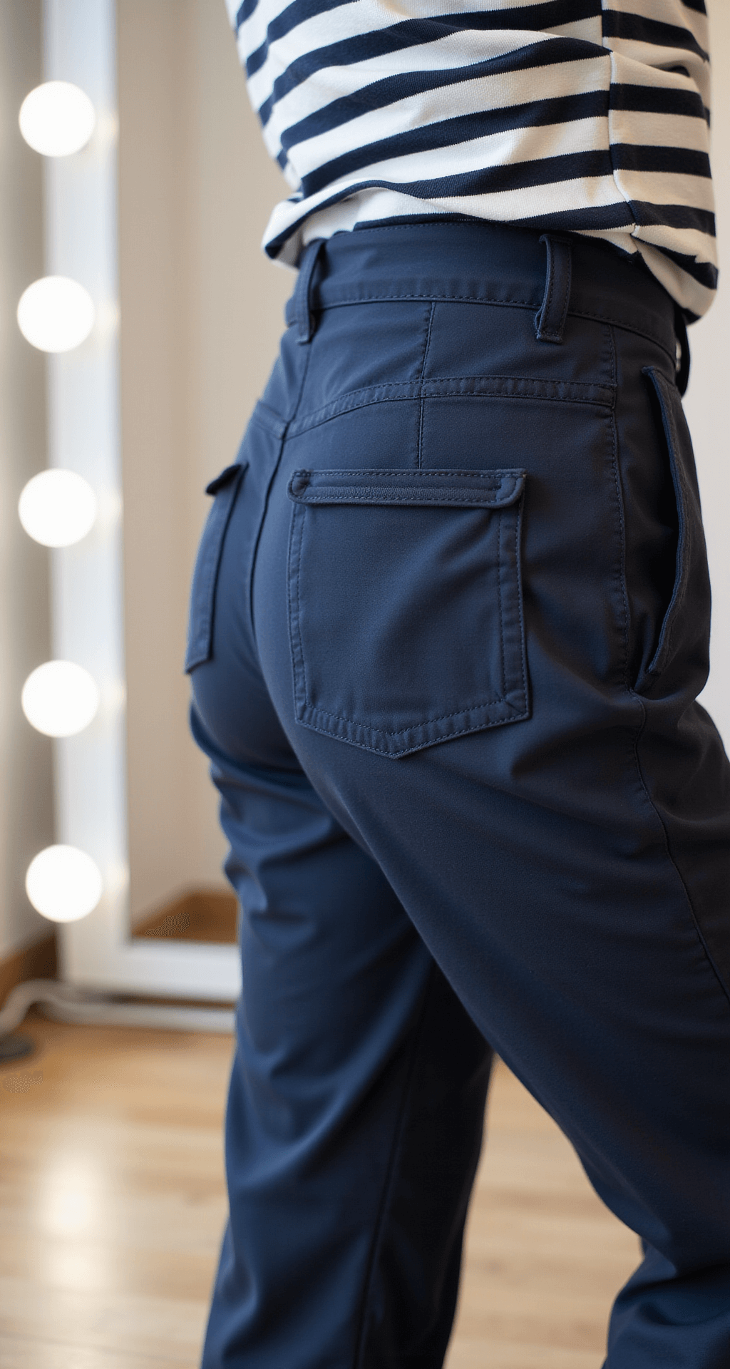 Close-up of navy cargo pants with flat-laying pockets, styled with a classic striped marinière top in a bright boutique dressing room featuring neutral wood flooring and minimalist white walls.