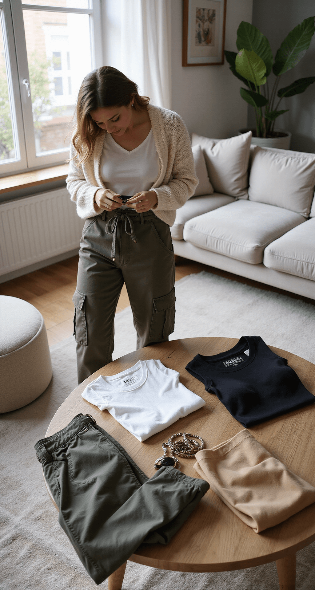A contemporary living room illuminated by morning light features a flat-lay composition of a capsule wardrobe, showcasing olive, black, and khaki cargo pants paired with a white tee, cream sweater, and black fitted top, along with thoughtfully arranged accessories, all shot from above with natural window lighting.