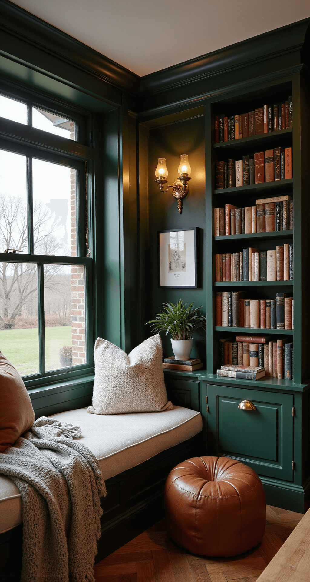 Intimate portrait of a cozy basement reading nook with floor-to-ceiling deep forest green bookshelves, a cushioned ivory bouclé window seat, and warm golden light from sconces and brass library lights, featuring chunky knit throws and vintage leather poufs on herringbone wood flooring.