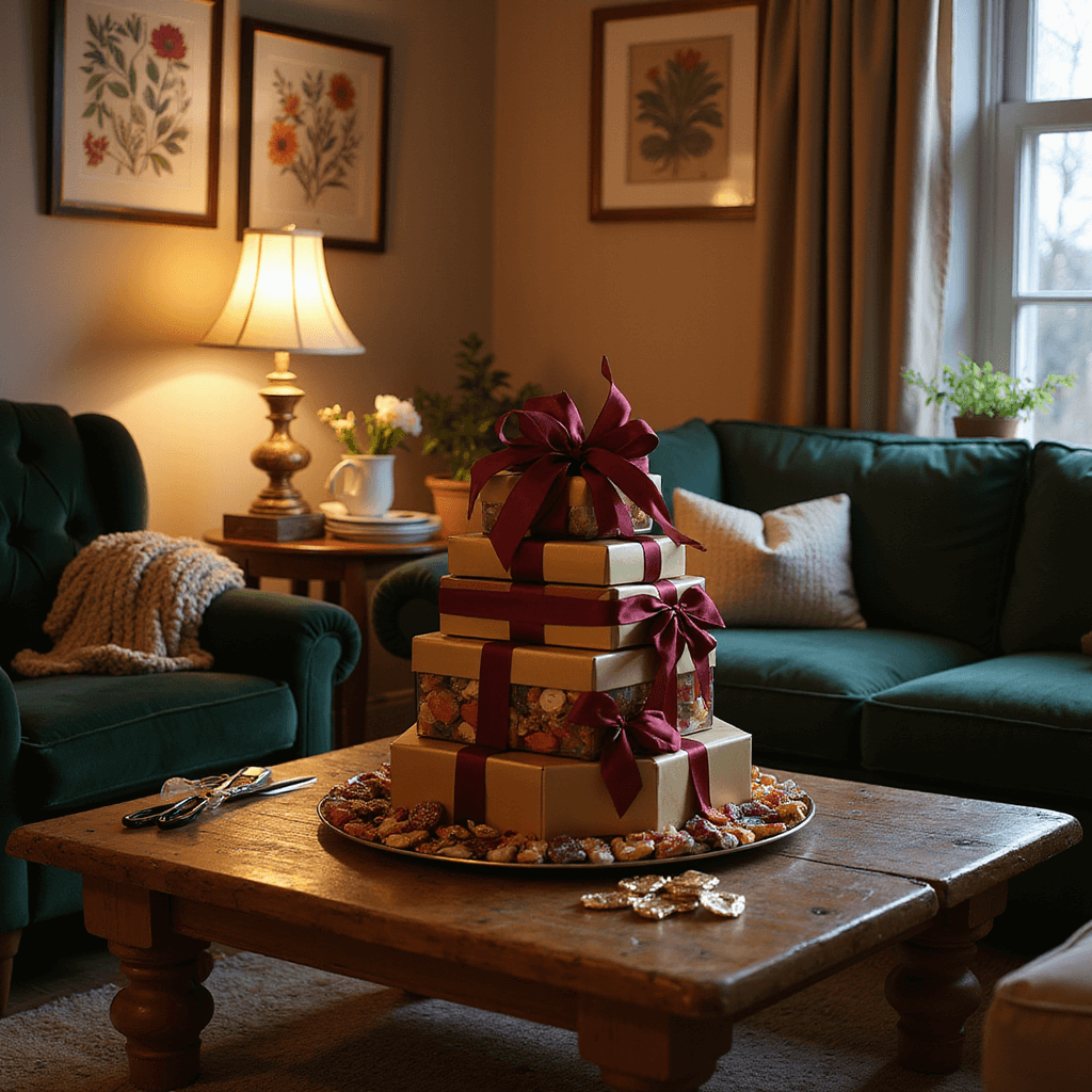 A cozy living room corner at dusk, featuring a rustic wooden coffee table with a tiered 'candy cake' gift made of colorful stacked candy boxes wrapped in burgundy and gold ribbons. Surrounding the cake are various candies, scissors, and gift-wrapping materials. A deep forest green velvet armchair draped with a chunky knit throw is nearby, against soft taupe walls adorned with botanical prints. The scene is illuminated with warm lamp light, highlighting the candy creation.