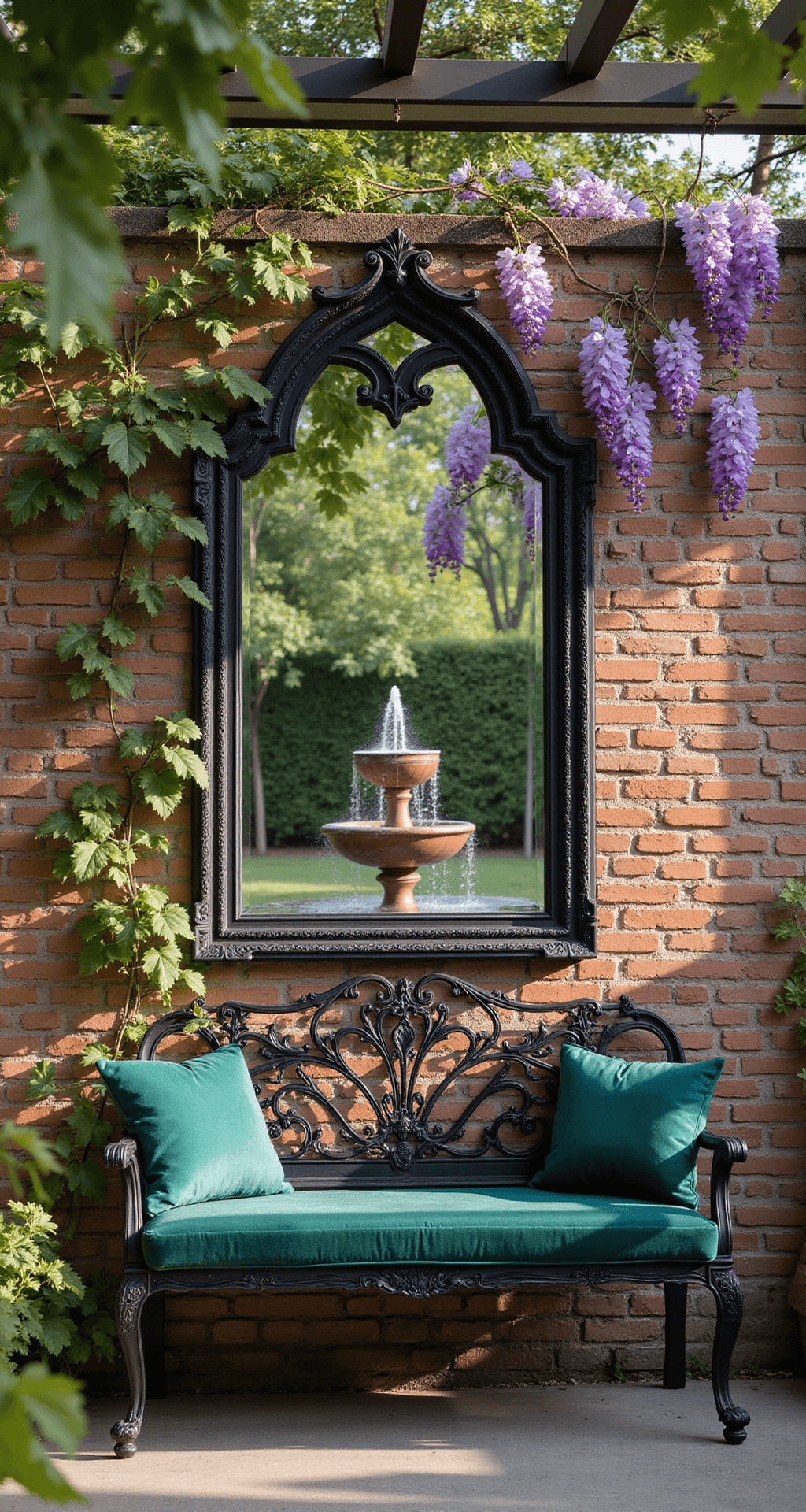 Garden Mirror Magic: Transform Your Outdoor Space with Reflective Elegance A wide-angle view of a Gothic-inspired garden corner at golden hour, featuring a weathered brick wall with an arched mirror framed in ornate black metalwork. Climbing roses and ivy adorn the mirror, reflecting a copper water fountain surrounded by purple wisteria. In the foreground, a vintage wrought-iron bench with deep emerald crushed velvet cushions sits under a pergola, with dappled sunlight creating soft shadows. Shot from ground level with a shallow depth of field.