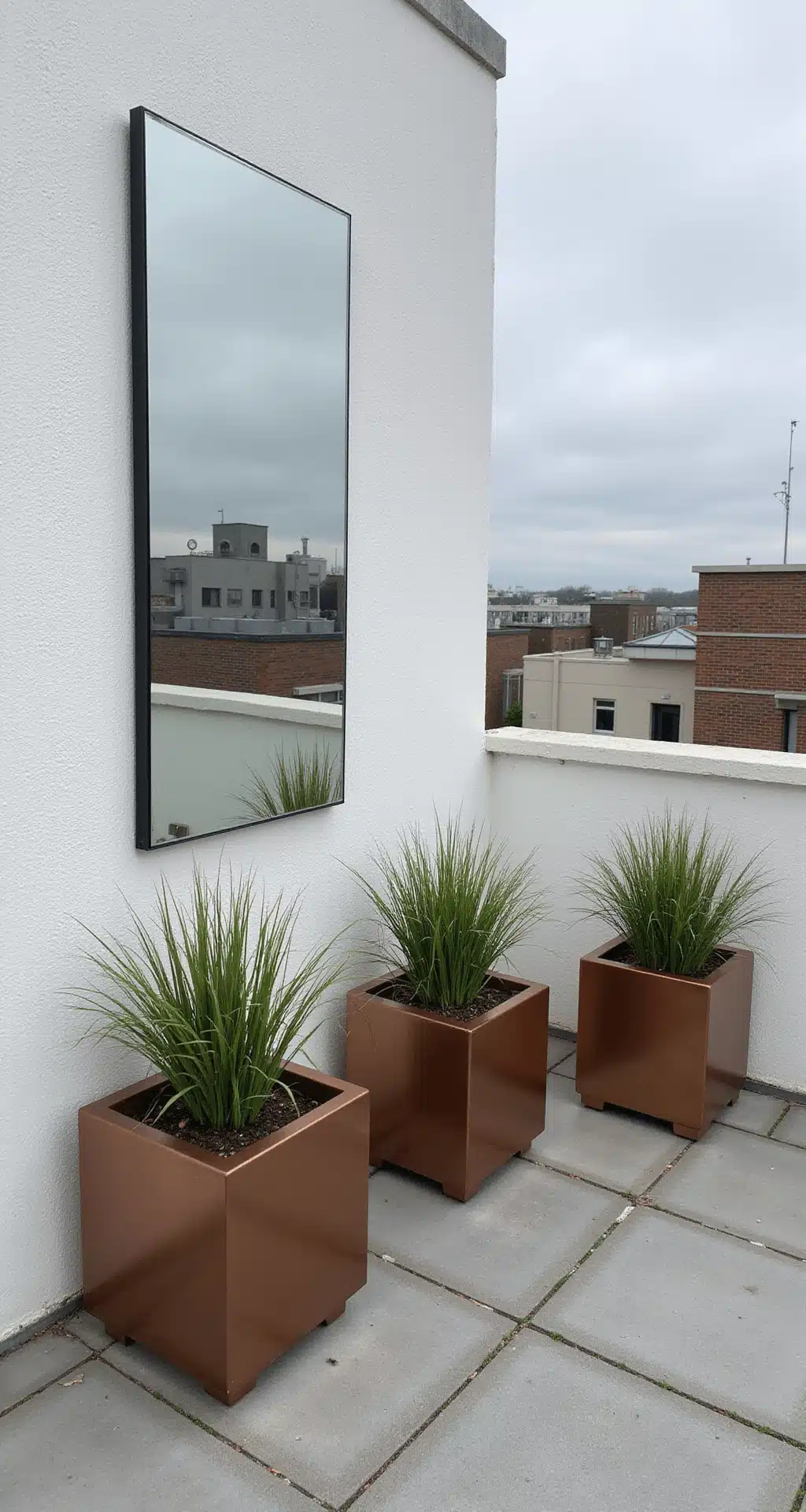 Garden Mirror Magic: Transform Your Outdoor Space with Reflective Elegance A modern rooftop garden featuring a minimalist frameless mirror reflecting a geometric container garden with concrete planters, accented by copper-toned planters with grass, set against a white stucco wall and square-cut limestone pavers, captured from a high angle in bright, even lighting.
