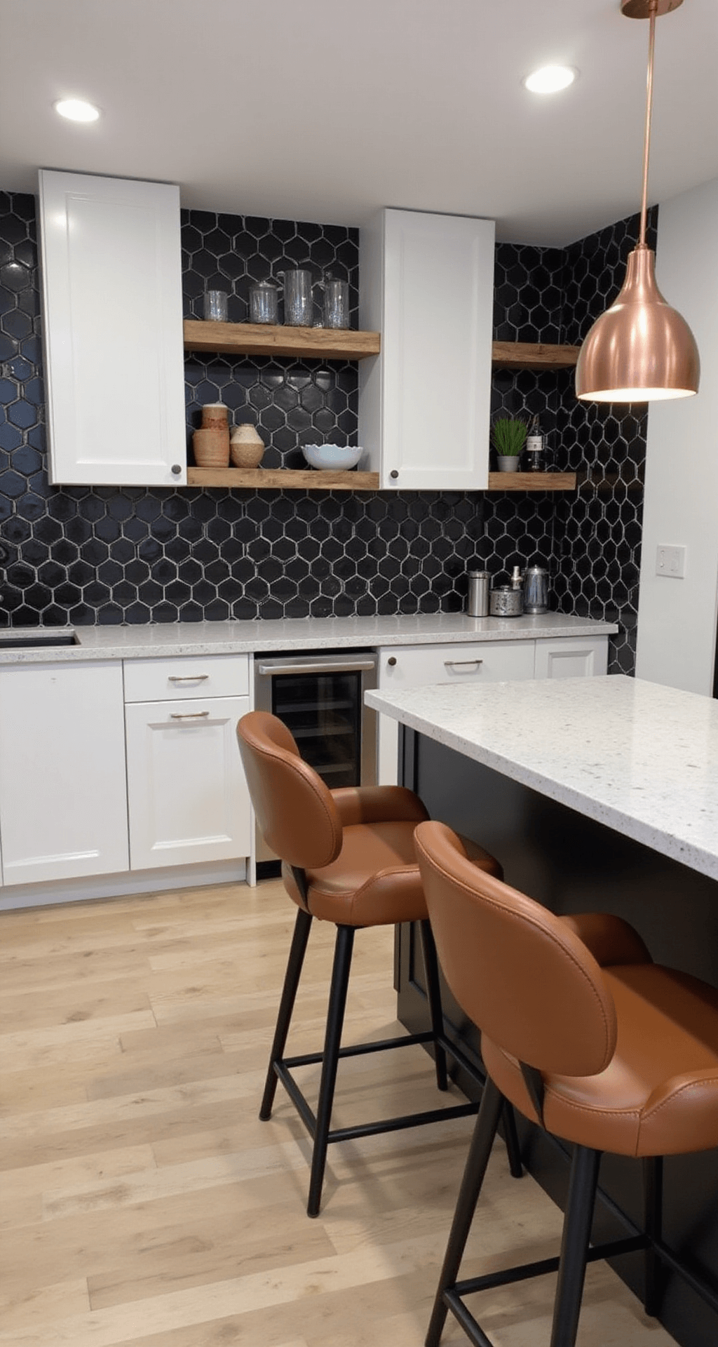 A modern basement kitchenette featuring sleek white cabinets, a black hexagon backsplash, and reclaimed wood floating shelves with barware. The quartz countertops are illuminated by under-cabinet lighting, and a peninsula with a waterfall edge is accompanied by three camel leather barstools. Copper pendant lights add warmth to the scene, enhanced by strong directional lighting that highlights the textures.