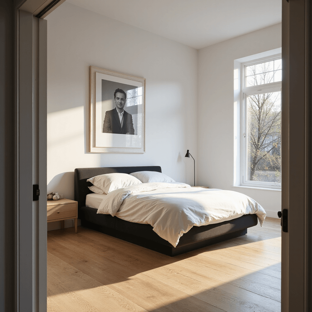A modern minimalist bedroom with a low-profile black platform bed, white linen bedding, and light wood floating nightstands, illuminated by golden hour sunlight through a large picture window, featuring white oak flooring and a black and white photograph above the bed, captured from the doorway at eye level.