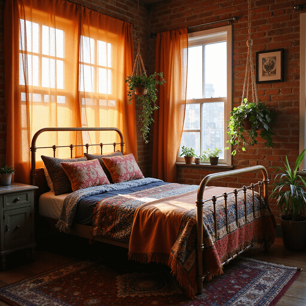 A cozy Bohemian bedroom featuring an exposed brick accent wall, vintage brass bed with layered textiles, and warm afternoon sunlight filtering through sheer burnt orange curtains, enhancing the rich colors of mixed pattern pillows and a Persian rug. Cascading hanging plants add a touch of nature, with the scene captured from a corner angle to highlight the room's textures and warmth.