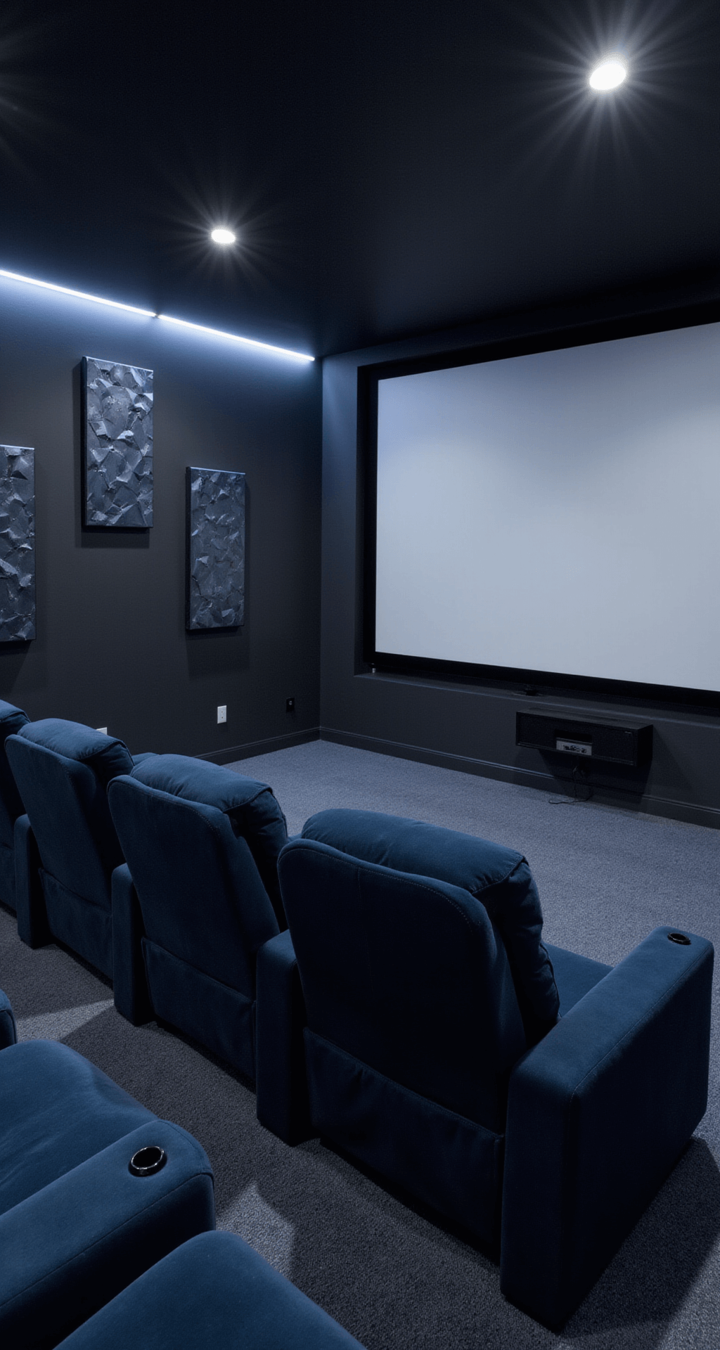 Corner view of a basement home theater with dark charcoal walls, oversized movie screen, and tiered seating of four midnight blue velvet power-reclining chairs, illuminated by soft LED strip lighting and accented with geometric acoustic panels, creating a cinematic, twilight ambiance.