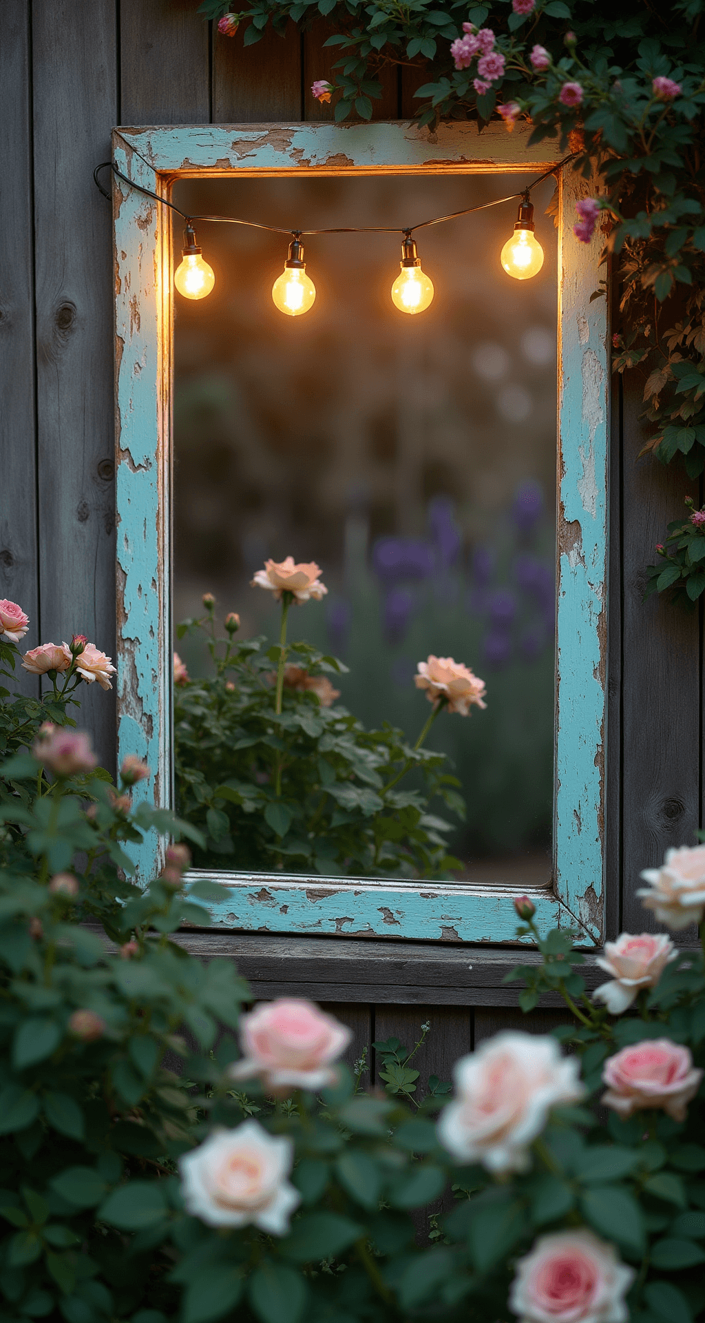 Garden Mirror Magic: Transform Your Outdoor Space with Reflective Elegance A vintage French window frame repurposed as a mirror, surrounded by heritage rose bushes and reflecting an antique iron garden gate and a lavender patch, softly illuminated by warm Edison bulb string lights at dusk.