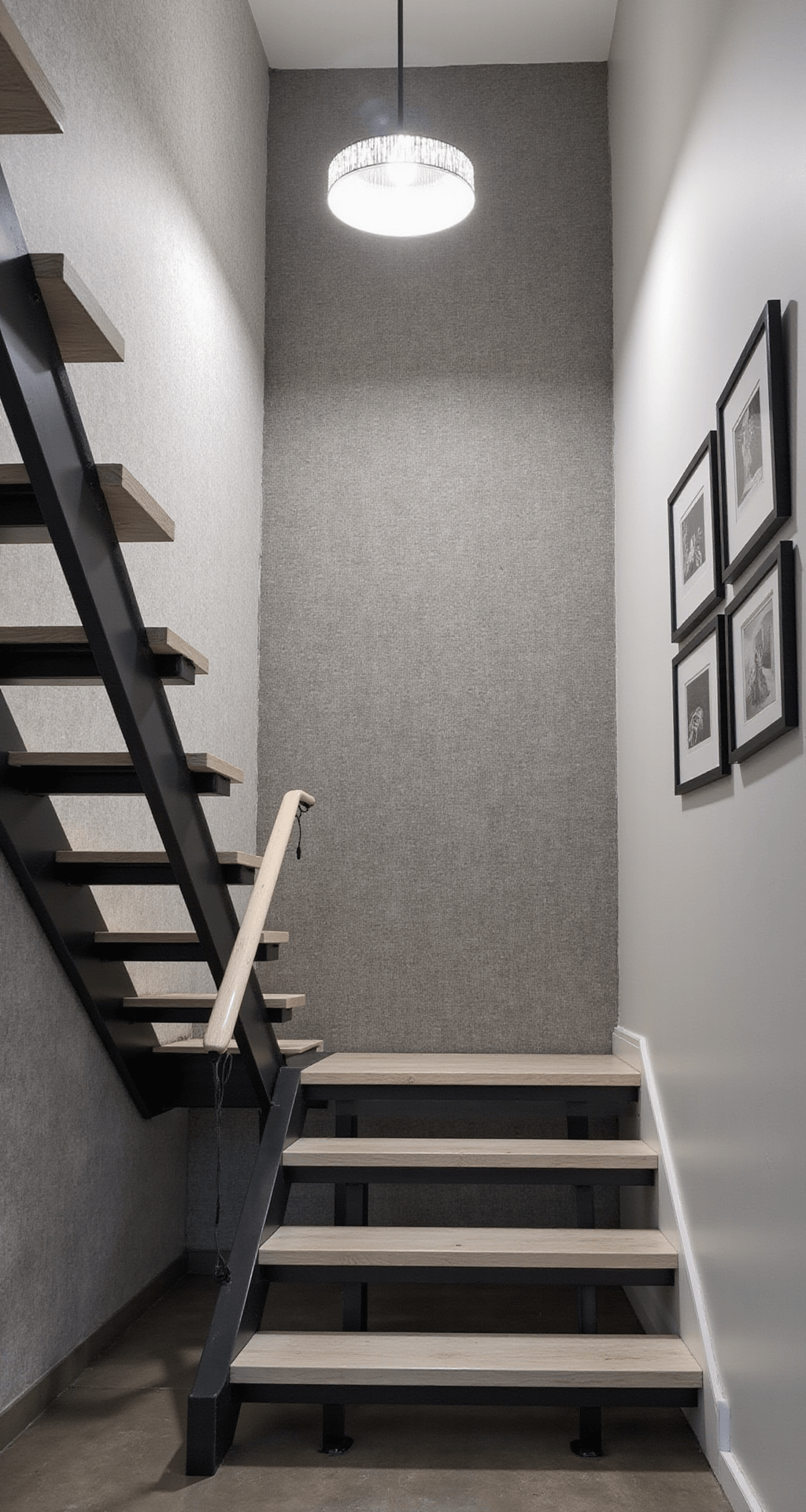 Contemporary basement stairwell with floating black metal and white oak stairs, textured silver grey grasscloth wallpaper, modern chandelier casting shadows, and a gallery wall of black and white photographs. Shot from below with dramatic uplighting.