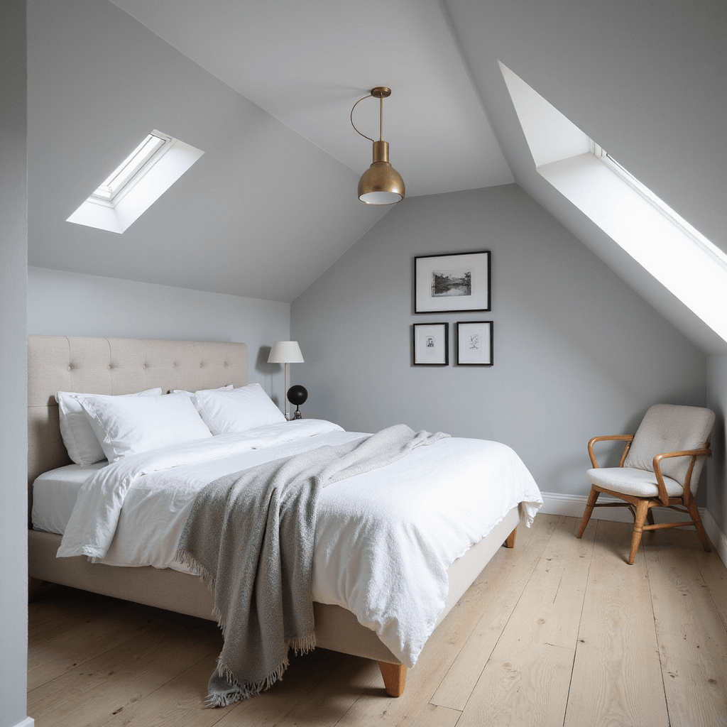 A serene Scandinavian bedroom featuring pitched ceilings and skylights, with pale gray walls, bleached pine flooring, a linen upholstered bed, and a black and white gallery wall, illuminated by soft morning light.