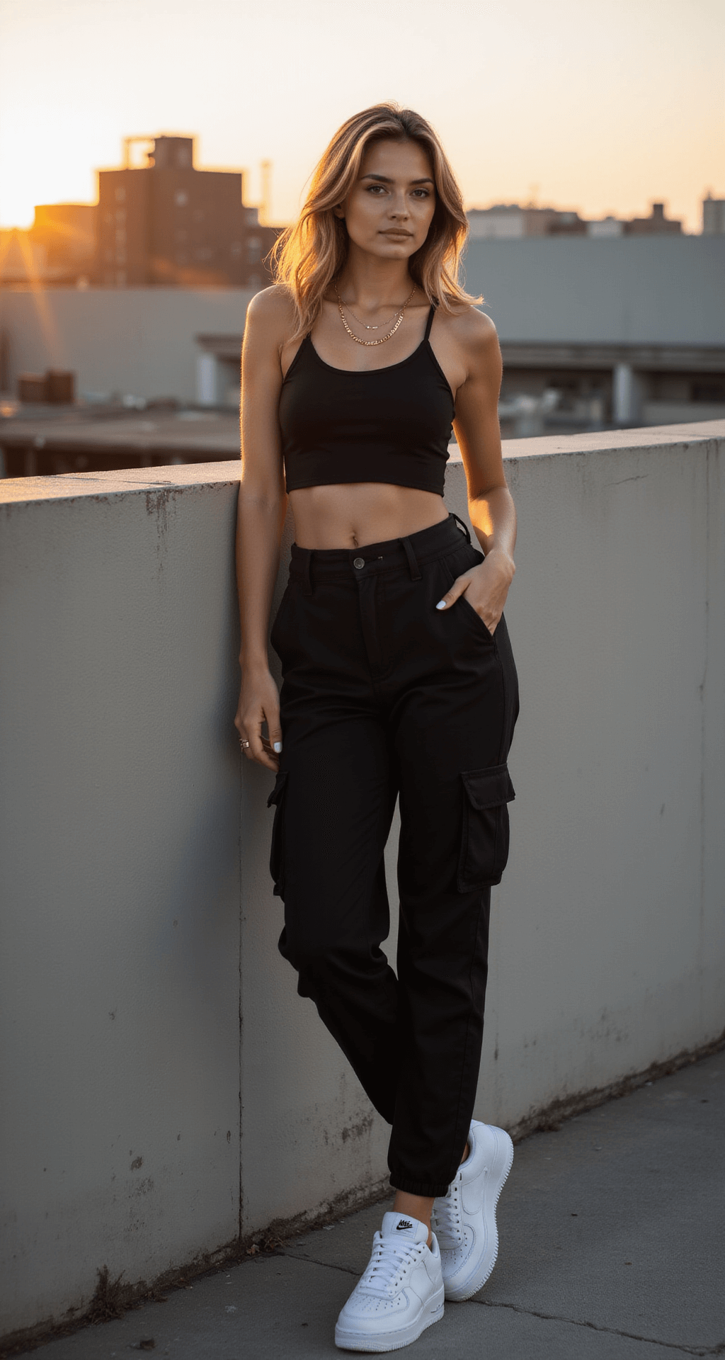 A female model in black cargo pants and a fitted black crop top leans against a concrete wall during golden hour, wearing white Nike Air Force 1s. The warm sunlight highlights her minimal gold chain necklace, capturing a casual-cool urban vibe with a shallow depth of field.