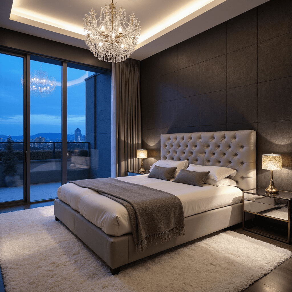 Luxe contemporary bedroom featuring floor-to-ceiling windows at twilight, with dark charcoal wallpaper, plush carpet, king-sized pearl gray velvet bed, crystal chandelier, and mirrored nightstands, captured from the doorway with soft lighting to emphasize textures.