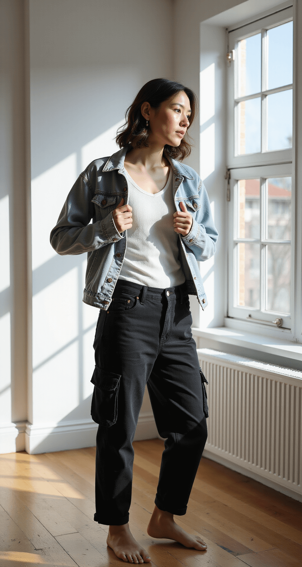 A model dressed in black cargo pants and a vintage light-wash denim jacket adjusts the collar of her jacket in a sun-filled minimalist studio apartment with floor-to-ceiling windows and wooden floors.