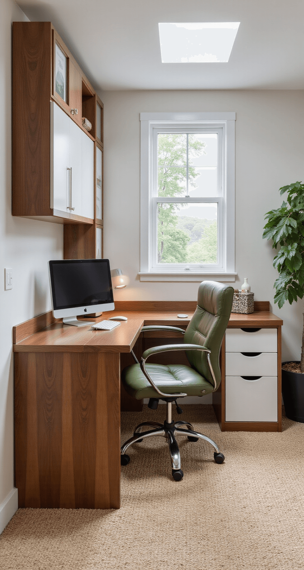 A multi-functional basement workspace featuring a built-in walnut desk, olive green ergonomic chair, modular storage solutions, a sisal rug, and a fiddle leaf fig, all illuminated by morning light from a light well.