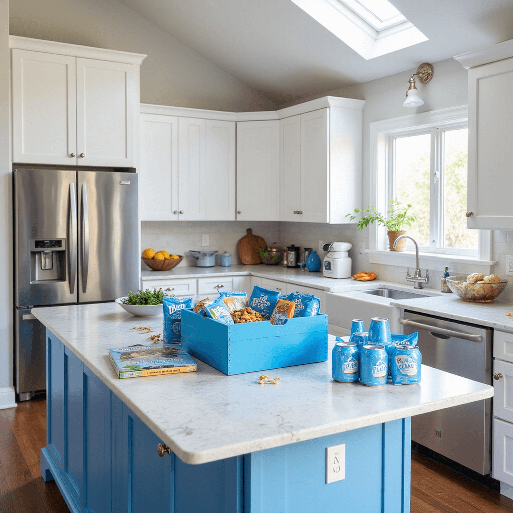 A bright modern kitchen featuring sleek white cabinets and stainless steel appliances, with a vibrant blue DIY snack box on the central island surrounded by blue-packaged snacks and drinks, illuminated by natural light from a skylight.