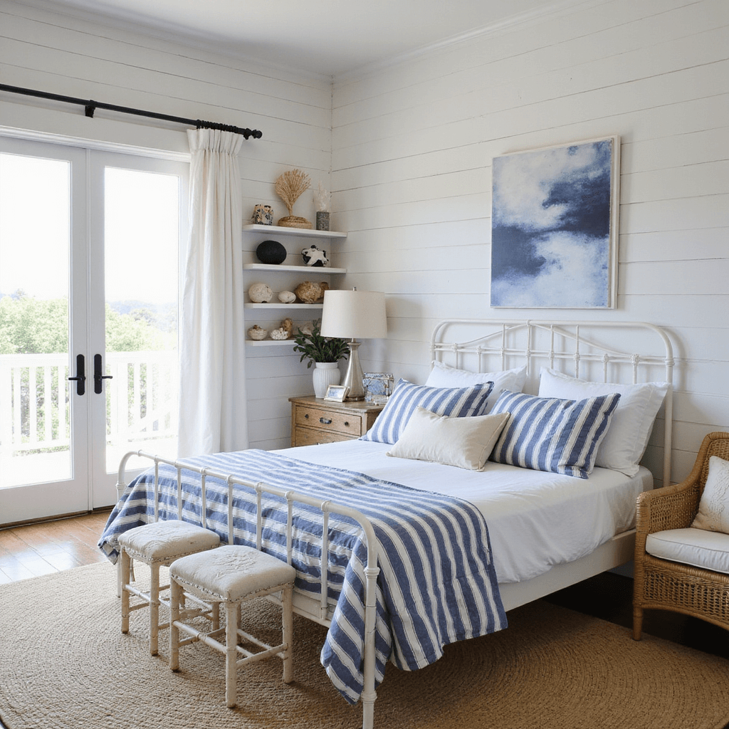 Coastal casual bedroom featuring white shiplap walls, a white iron bed dressed in blue and white striped bedding, and French doors opening to a balcony, illuminated by soft mid-morning light; includes a natural jute rug, a woven rattan chair, collected shells on floating shelves, and a navy and white coastal artwork gallery wall.