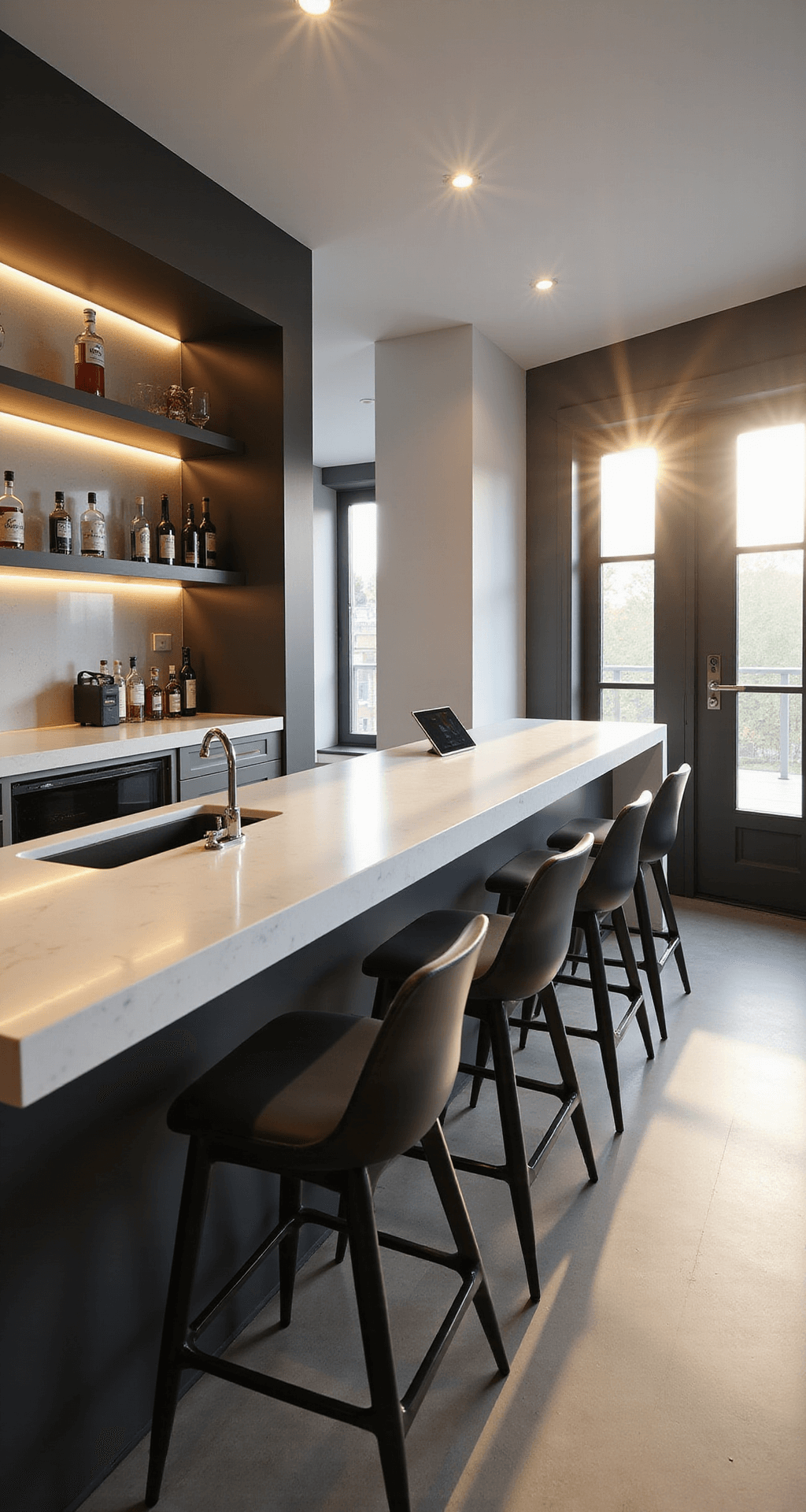 Modern minimalist basement bar featuring a white quartz waterfall countertop, gray accent wall, and matte black bar stools. Enhanced by golden hour light and smart LED strips, the space showcases sleek lines and integrated technology.