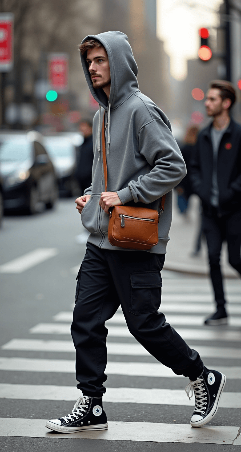 A person in black cargo pants and an oversized grey hoodie crosses a busy city street, wearing classic high-top Converse and carrying a tan leather crossbody bag. The urban background is slightly blurred, capturing the motion of the scene in late afternoon light.