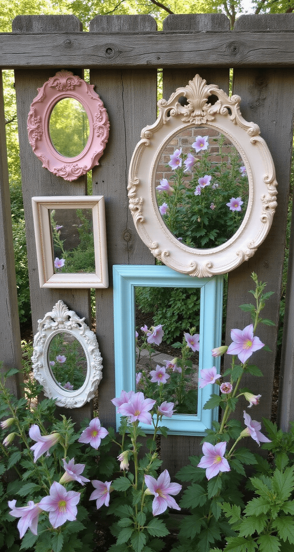Garden Mirror Magic: Transform Your Outdoor Space with Reflective Elegance A collection of five vintage mosaic mirrors in soft pastels arranged on a weathered fence, reflecting a cottage garden filled with foxgloves, delphiniums, and climbing roses, with morning dew adding sparkle, captured in macro detail at early morning.