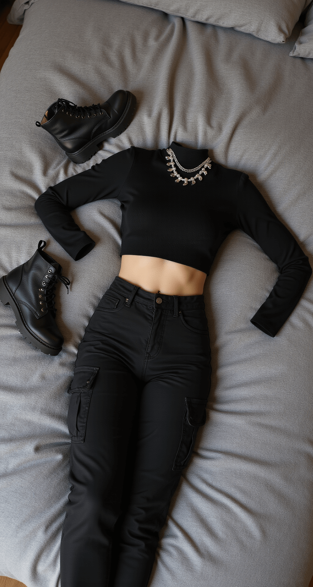Close-up detail of a cozy industrial-style bedroom featuring a flat lay of black cargo pants, a fitted black long-sleeve crop top, chunky silver jewelry, and black combat boots on textured grey bedding, illuminated by soft indirect lighting.