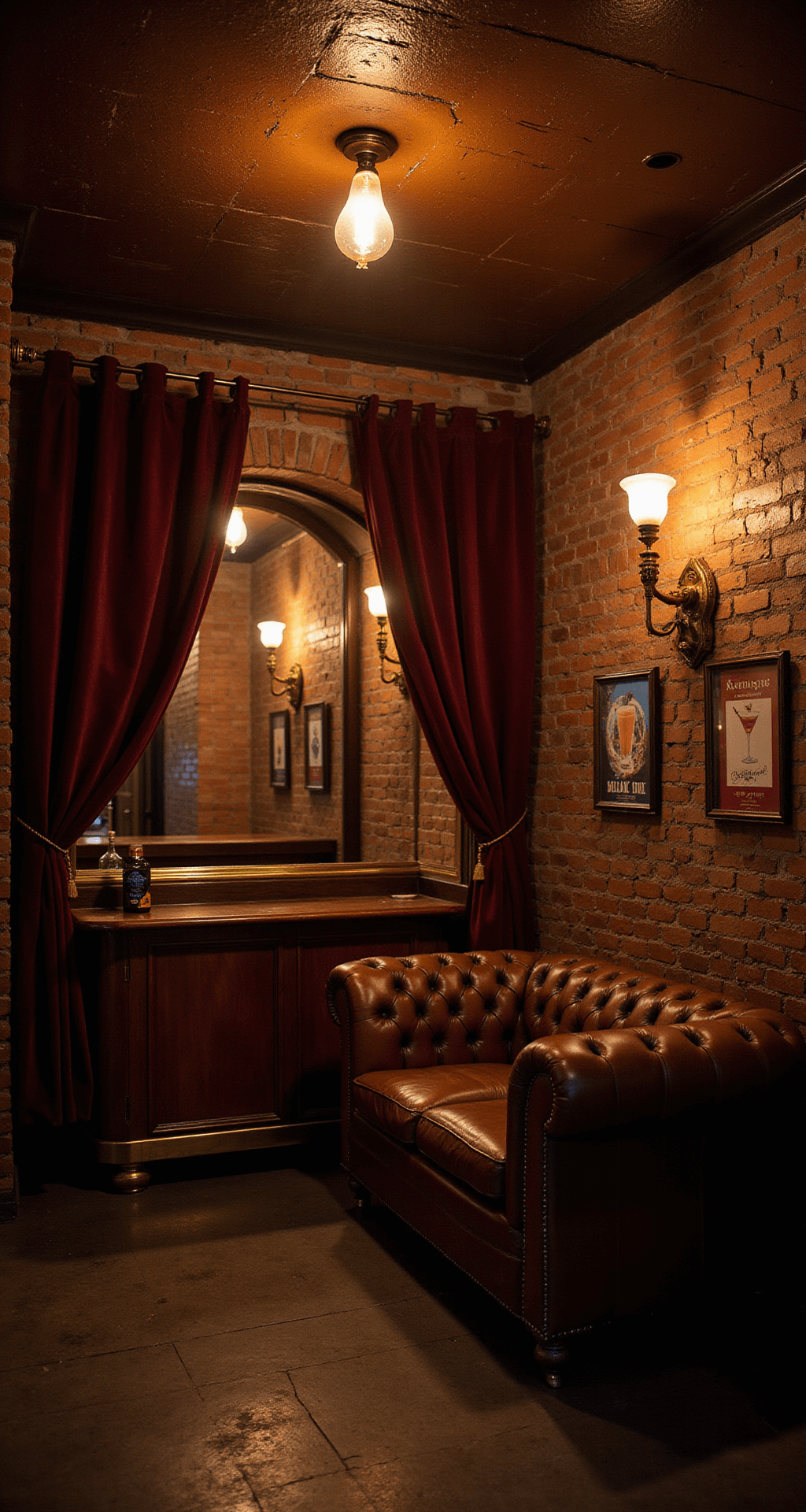 A dimly lit speakeasy with exposed brick walls, vintage Edison bulbs illuminating a mahogany bar, and a leather Chesterfield sofa under an antiqued mirror, all framed by heavy velvet curtains.