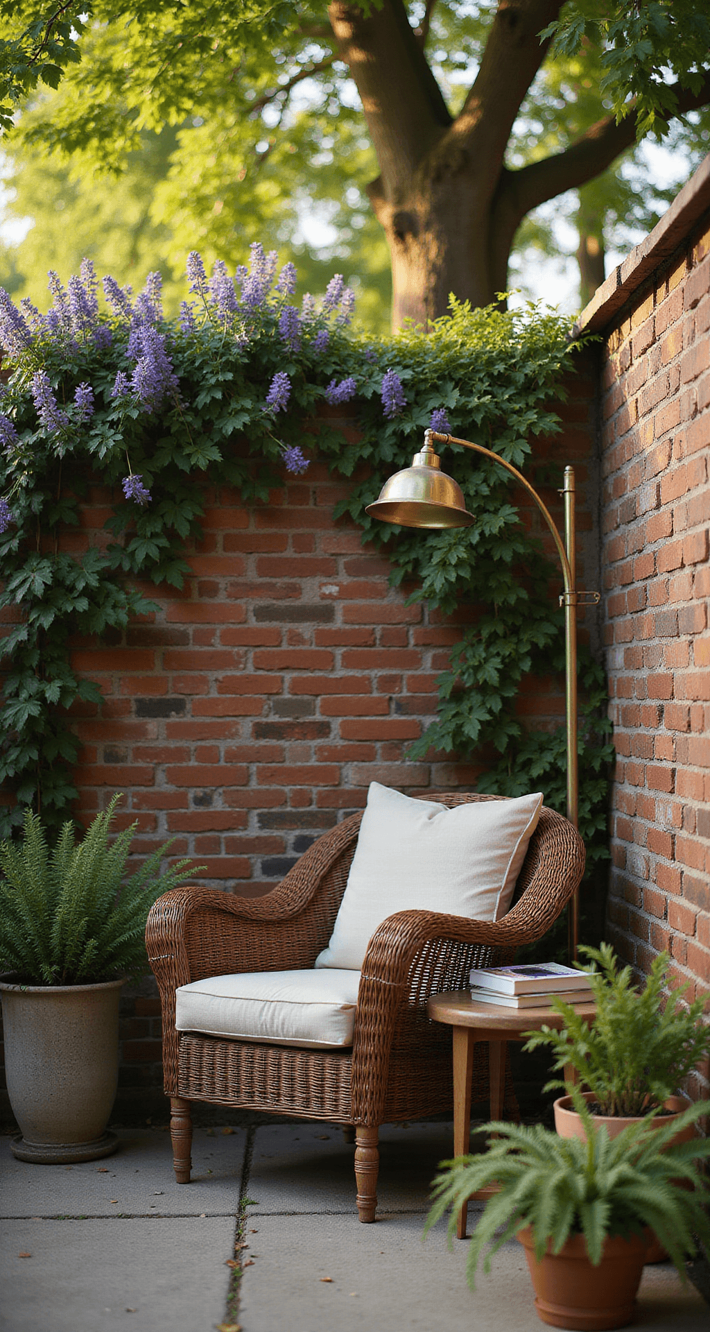 A cozy garden reading corner featuring a wicker armchair and rustic side table, surrounded by climbing jasmine and potted lavender, with dappled sunlight filtering through a maple tree, captured at golden hour.