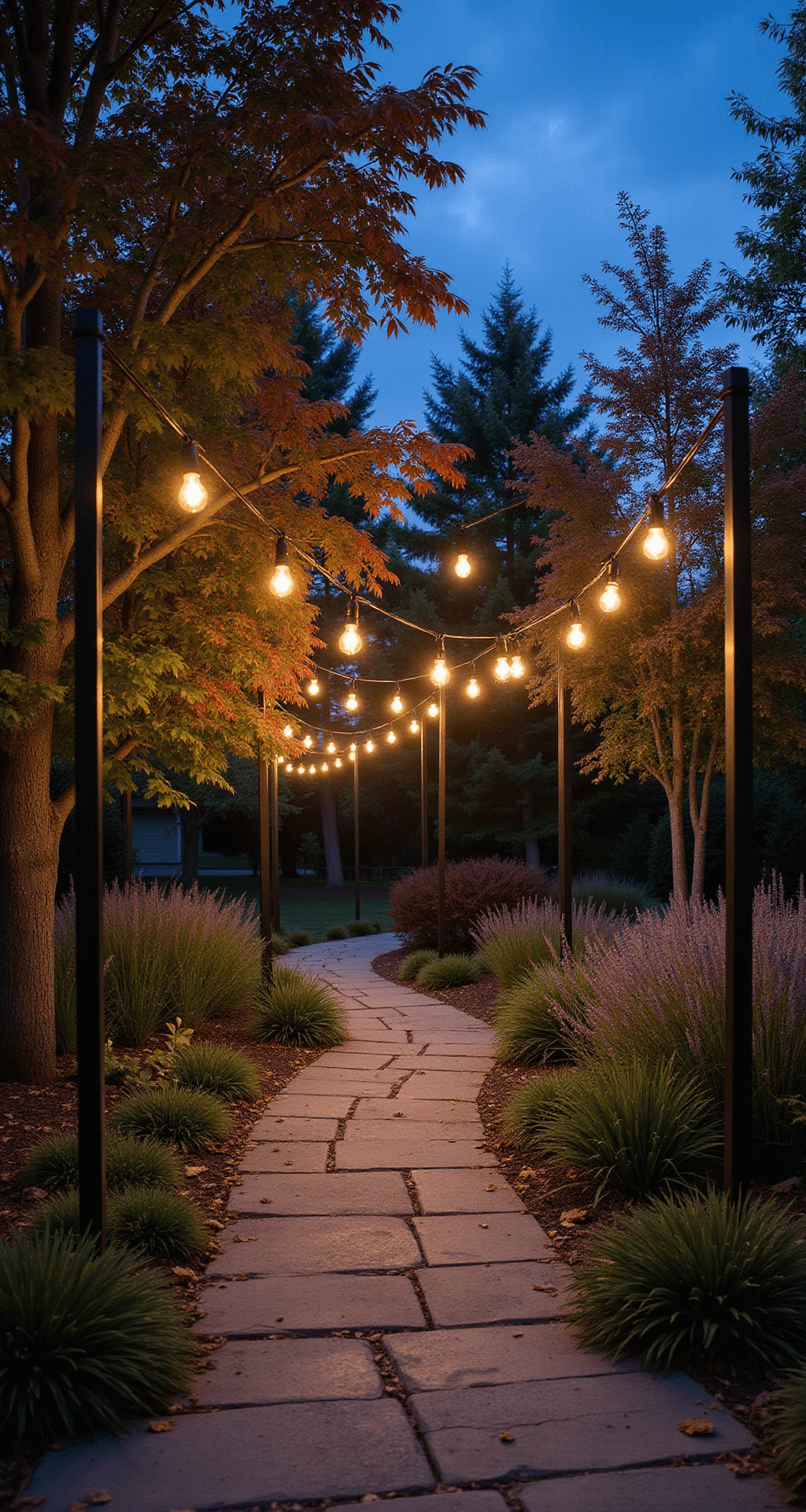 A meandering garden path at dusk, illuminated by vintage-style copper Edison string lights, with warm honeycomb shadows on slate pavers, framed by dramatic silhouettes of Japanese maples against a deep blue sky, and natural placements of lavender and ornamental grasses nearby.