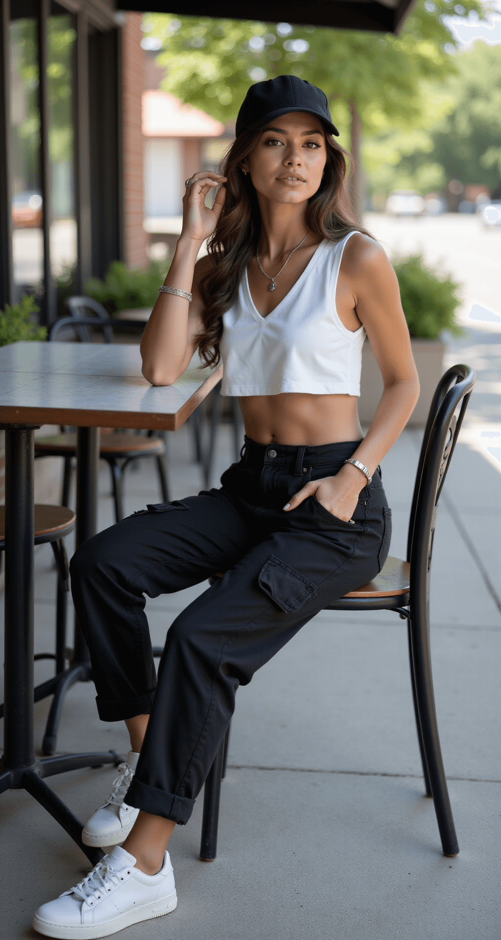 A model in rolled-up black cargo pants and a white crop tank sits casually at an outdoor café table, wearing a simple baseball cap and silver jewelry that sparkles in the dappled morning light. Clean white sneakers are visible under the table, with a softly blurred background.