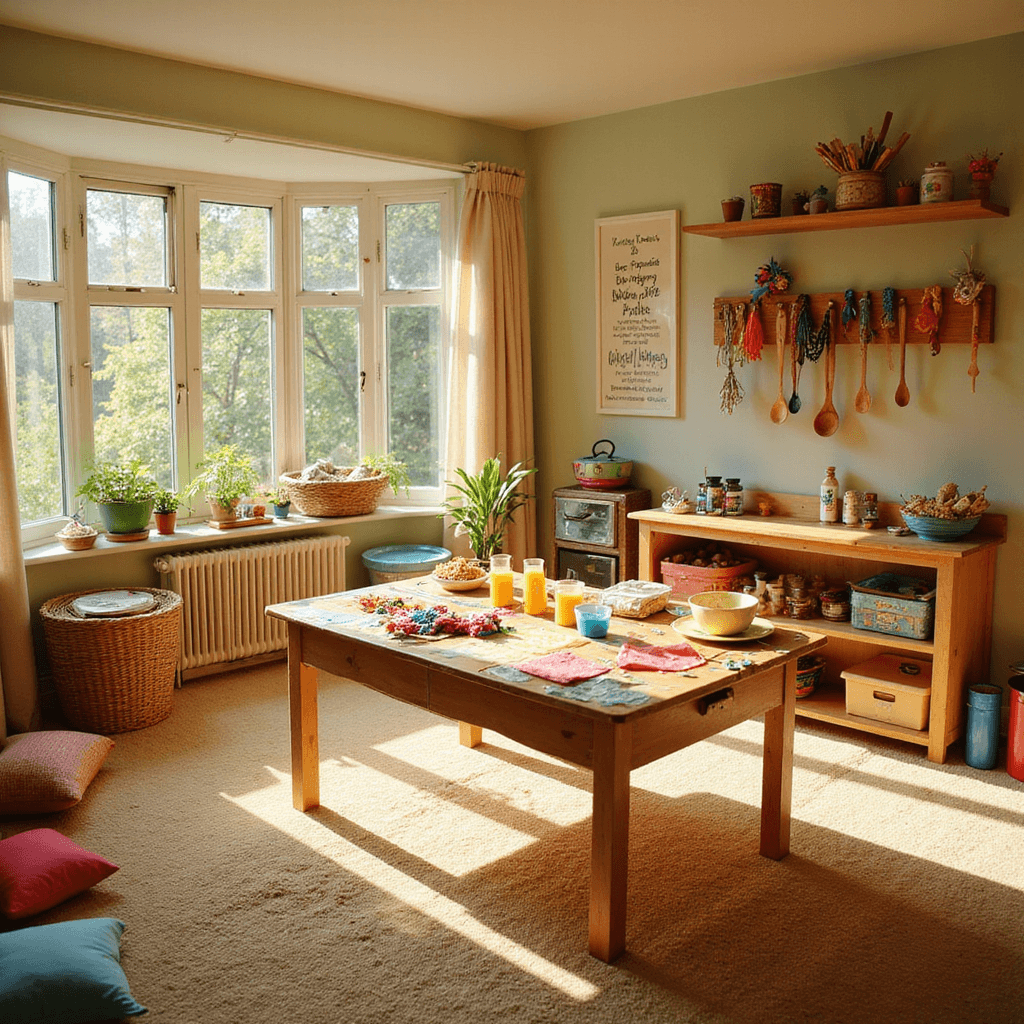 A bright children's playroom with large bay windows, filled with golden afternoon light. A central craft table is cluttered with colorful beeswax sheets, wick rolls, and handmade candles. Shelves showcase vibrant paracord bracelets and painted wooden spoons. The soft pastel walls feature framed children's artwork, and a warm cream carpet is scattered with cushions, creating a cozy, whimsical atmosphere.