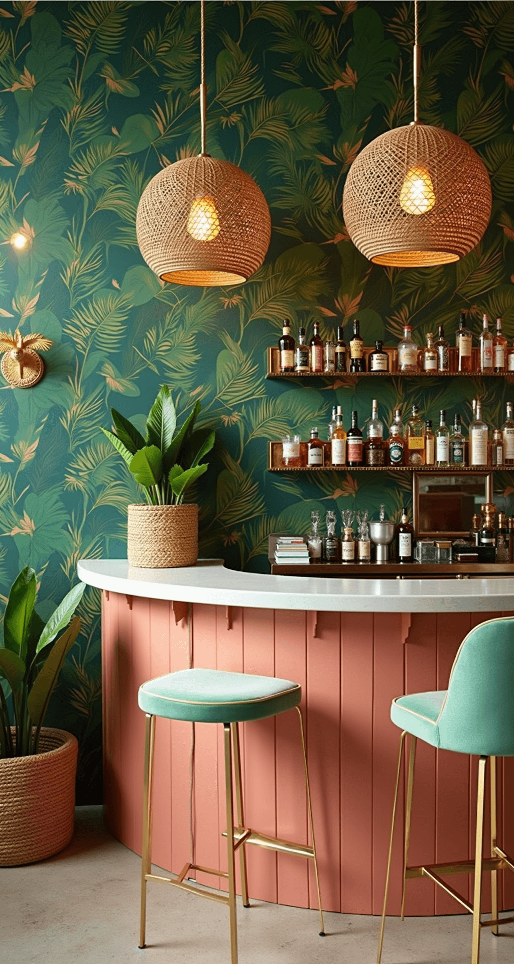 A tropical paradise bar featuring oversized emerald and gold leaf wallpaper, a coral-pink curved bar with rattan pendant lights, mint green velvet barstools, brass palm tree sconces, and potted monstera plants, captured at eye level for detailed patterns and textures.