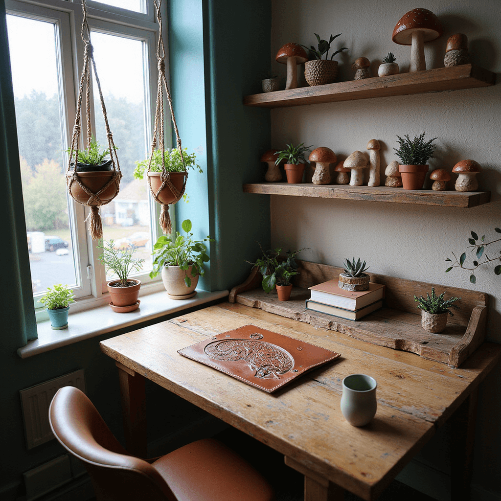 A cozy home office nook with a reclaimed wood desk showcasing a leather embossing project, bathed in soft morning light. Macramé plant holders frame the window, and handcrafted clay mushrooms adorn floating shelves. The space features warm earth tones with teal and copper accents, textured wallpaper, and a serene, bohemian atmosphere, captured from an overhead angle.
