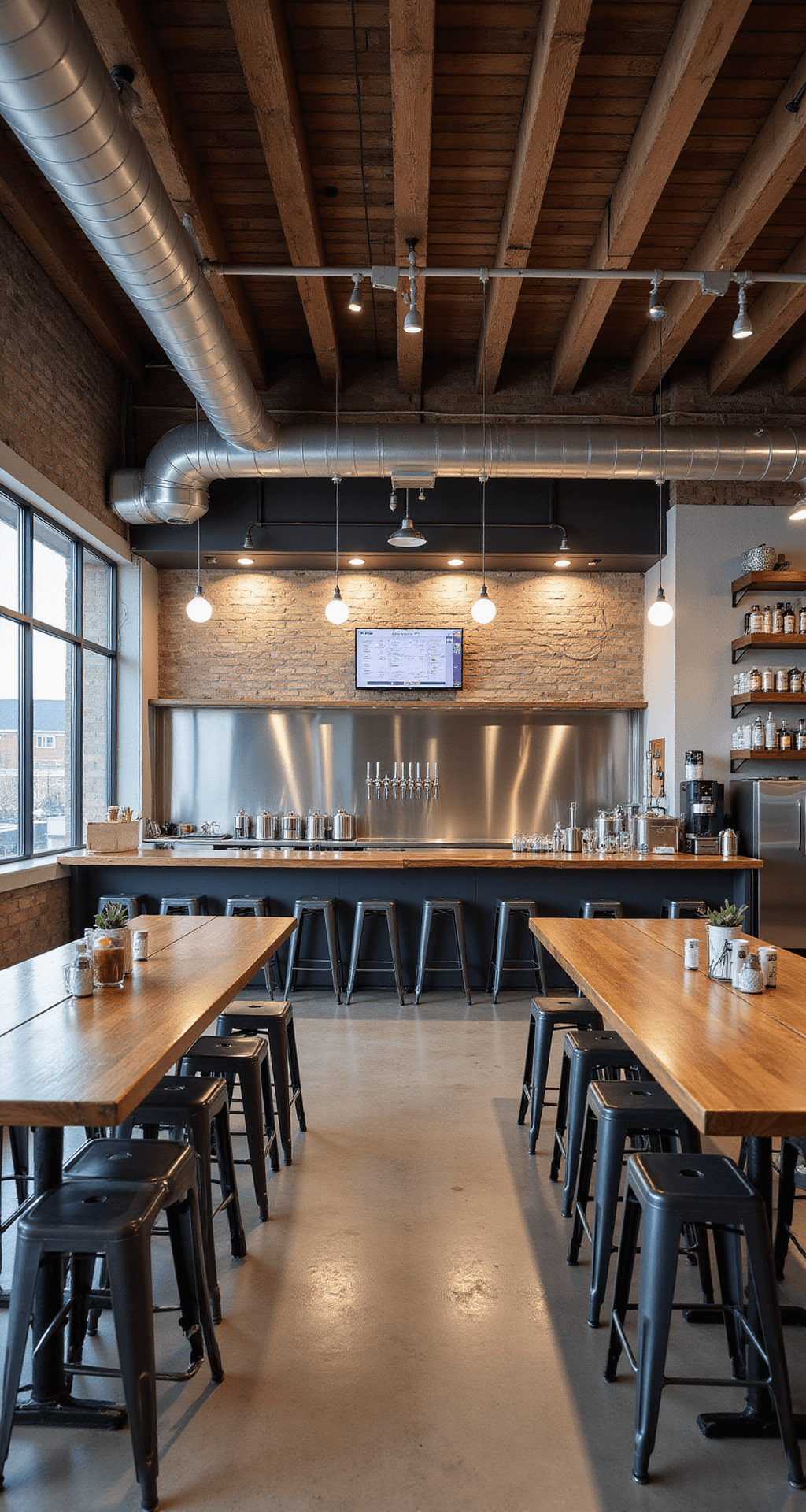 Industrial-style brewery interior featuring a custom stainless steel brewing station behind a glass partition, a 12-tap draft system with a digital menu, reclaimed wood high-top tables, metal stools, and copper pipe lighting fixtures, captured from a high angle for clarity.