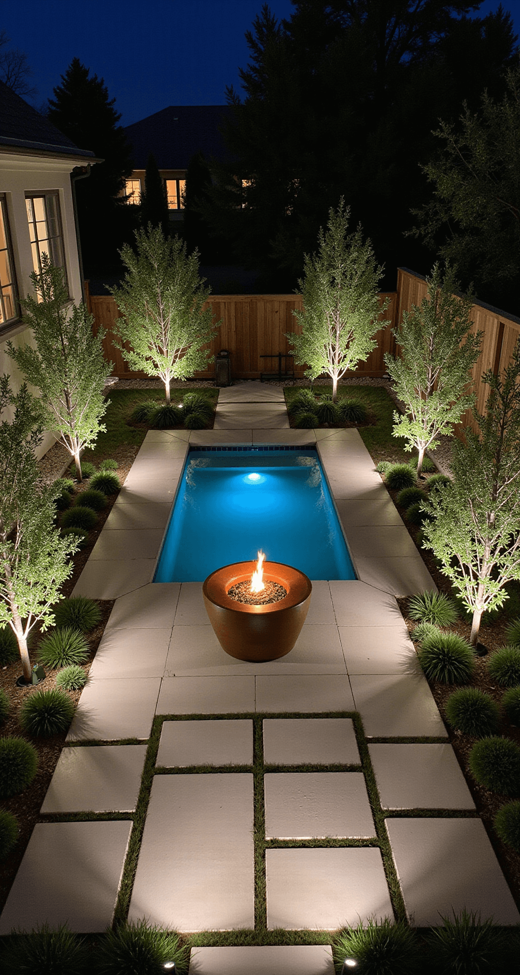 Aerial view of a modern courtyard garden at night, featuring geometric concrete pavers, built-in LED strip lighting, a central illuminated corten steel water feature with blue lights, and four mature olive trees uplighted in each corner.