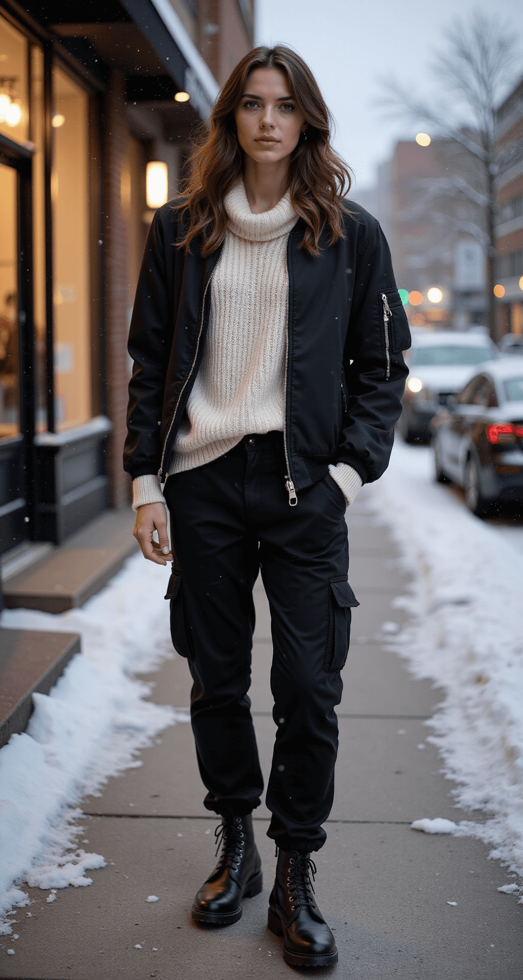 A full-body shot of a model wearing black cargo pants, a chunky cream sweater, and a black bomber jacket, standing in a winter street scene with softly falling snow. The warm lighting from nearby stores illuminates the scene, with dark boots and minimal silver accessories, captured with dramatic shallow depth of field.