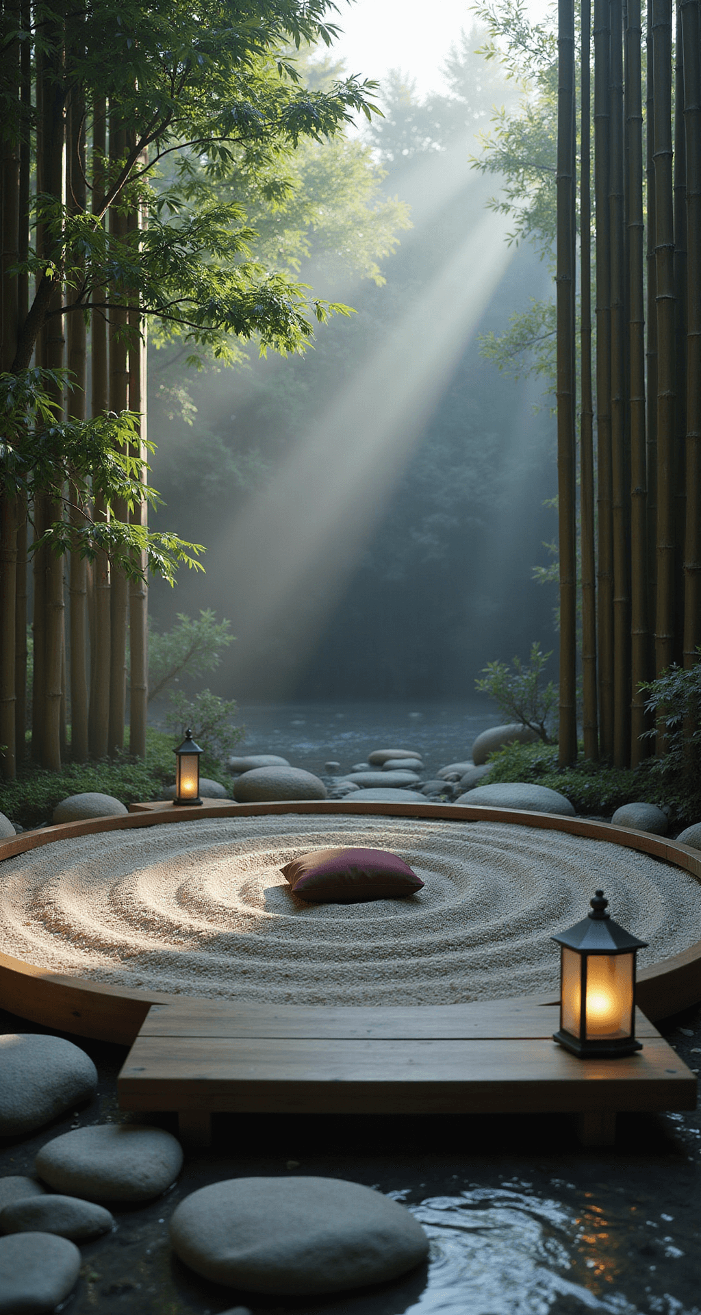 An intimate meditation sanctuary at dawn, featuring a circular zen garden with raked sand, a floating wooden platform holding a burgundy meditation cushion, tall bamboo screens, stone lanterns glowing softly, and smooth river stones, all illuminated by gentle morning light and mist.