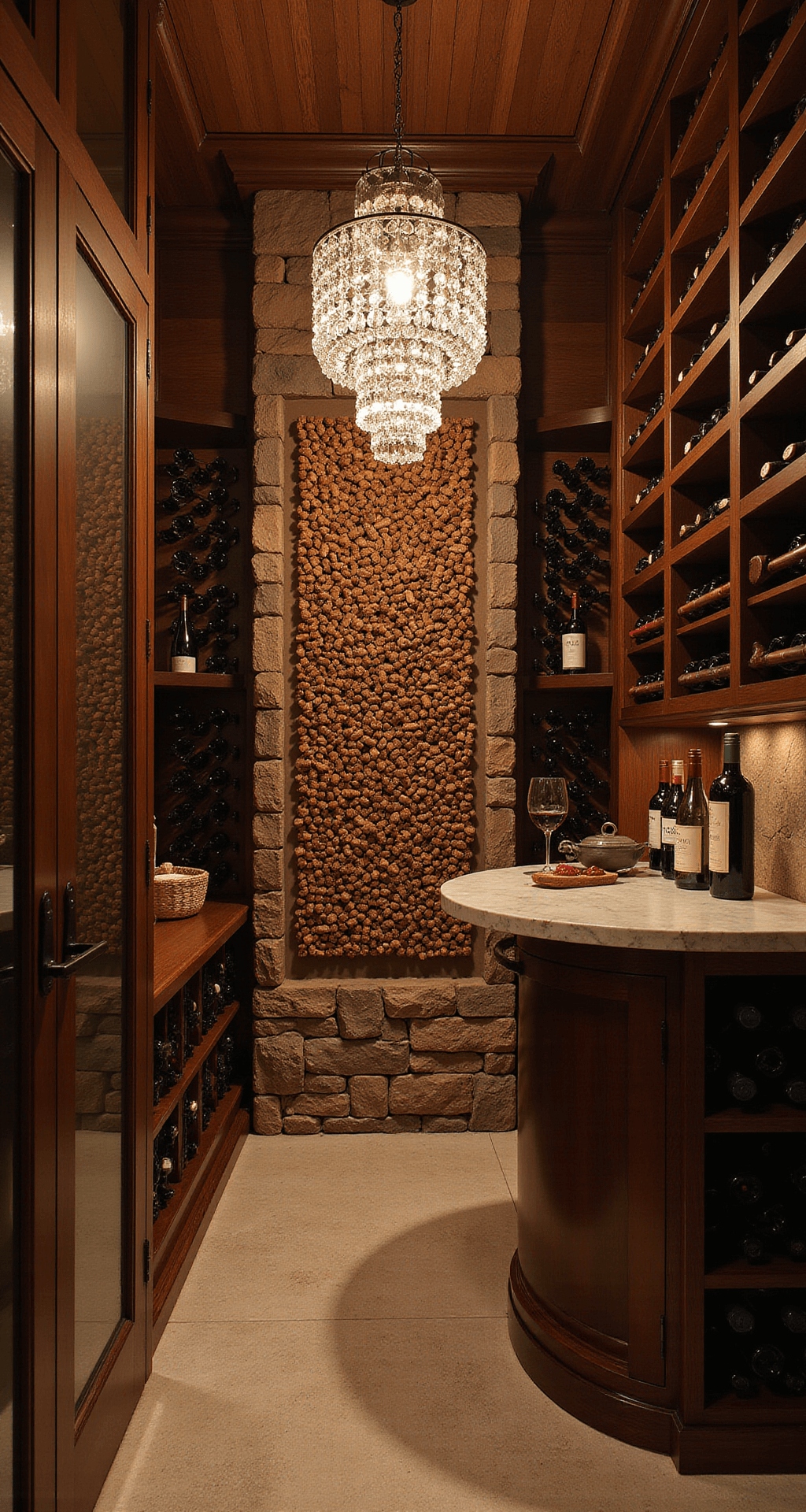 A cozy wine cellar featuring floor-to-ceiling dark walnut wine racks, a stone accent wall, and a built-in tasting counter, illuminated by crystal pendant lighting overhead. A circular tasting table is centered in the room, with a decorative cork display on the wall, all captured at chest height to emphasize the wine collection in a romantic atmosphere.