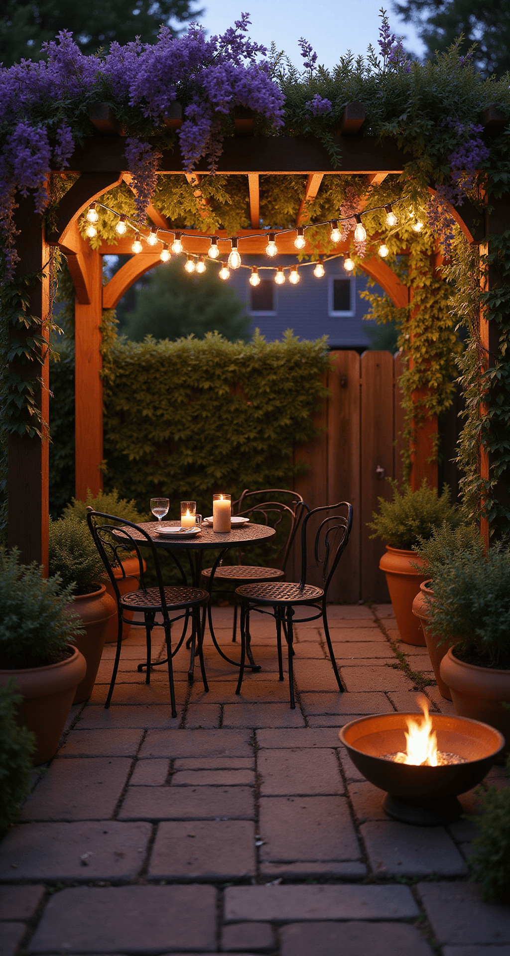 A romantic dining alcove at twilight featuring a vintage wrought-iron bistro set beneath a wooden pergola adorned with twinkling lights and wisteria vines, flanked by terracotta pots with herbs along a flagstone path, and a glowing copper fire pit, all captured in rich burgundy and copper tones contrasting with deep greens.
