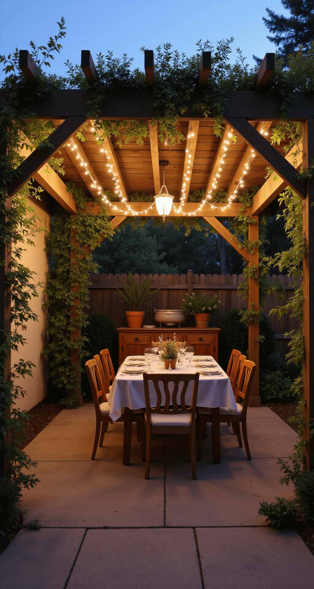 Intimate twilight dining setup under a weathered cedar pergola, adorned with warm white café string lights, featuring a vintage teak dining set for six with cream linens, potted herbs glowing softly, and climbing jasmine framing the structure.