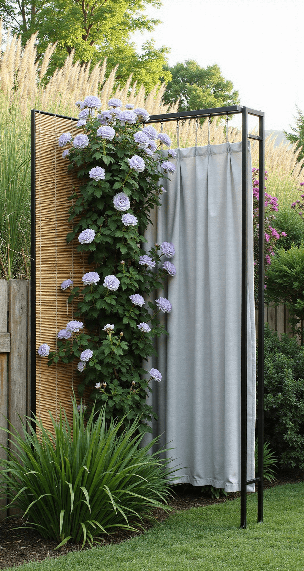 A lush privacy screen featuring tall ornamental grasses, purple butterfly bush, and white climbing roses on a black metal trellis, with sheer pale gray outdoor curtains and natural bamboo screens, all captured in soft afternoon light with a shallow depth of field.