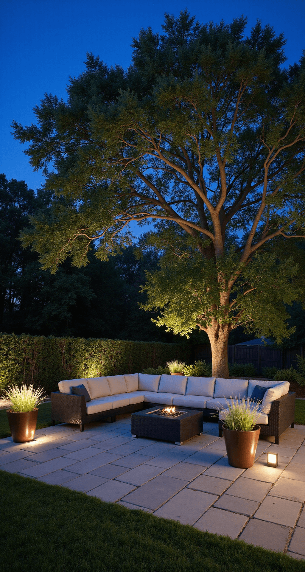 Moonlit garden terrace featuring a 24x18 foot bluestone patio illuminated by downlights in a 30-foot oak canopy, casting dappled light patterns. A modern charcoal gray sectional with ivory cushions is centered in the seating area, surrounded by bronze planters with glowing ornamental grasses, all captured from a seated height.