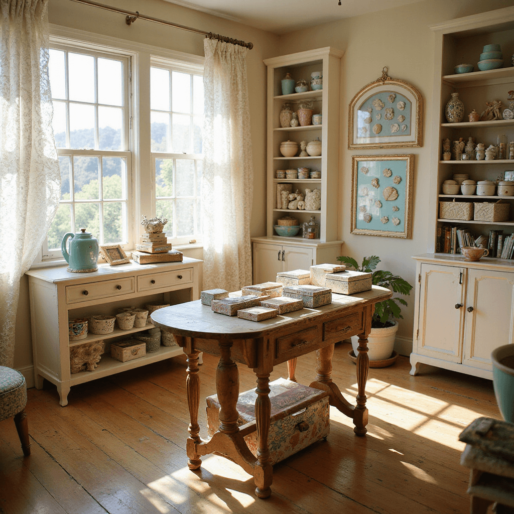 A cozy vintage craft room bathed in warm sunlight, featuring an antique wooden table with DIY jewelry boxes and a gallery wall of seashell-adorned magnets, surrounded by pastel crafting supplies on open shelves.