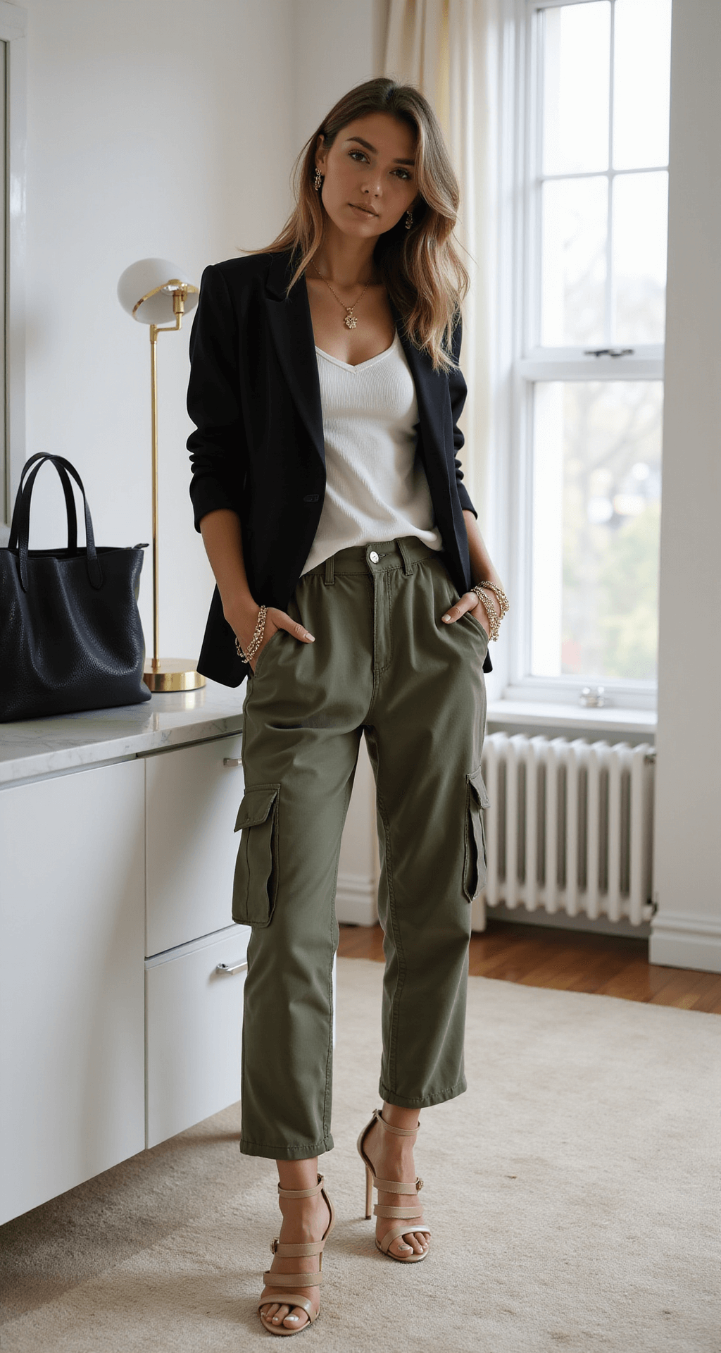 A fashion influencer wearing green cargo pants, a black fitted blazer, and strappy nude heels poses in a modern minimalist bedroom with morning light. A white marble vanity with metallic accessories and a structured black leather tote is visible against a plush cream carpet.