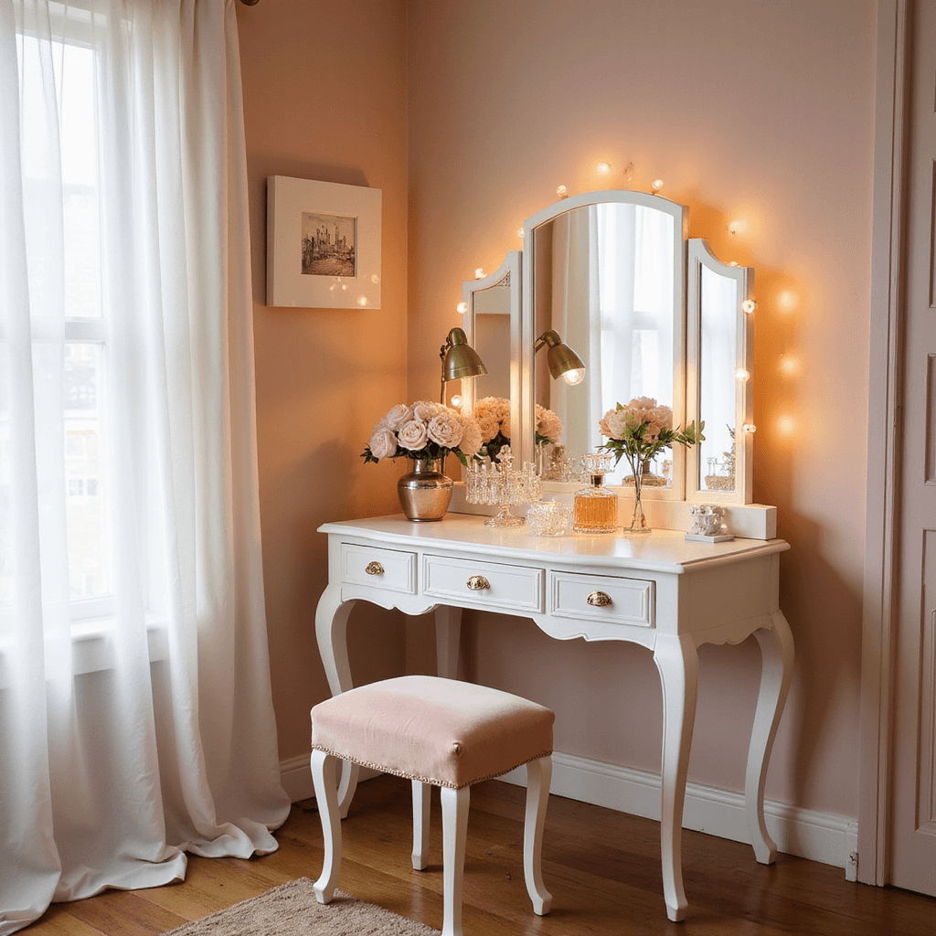 A cozy sunlit bedroom corner featuring a romantic vintage-inspired vanity with a white curved-leg dressing table and champagne pink velvet stool against a blush wall, illuminated by morning light filtering through sheer curtains. The three-panel mirror reflects warm LED lighting, surrounded by vintage perfume bottles, crystal accessories, and fresh peonies, with brass hardware details and a Parisian-style table lamp, creating an ethereal atmosphere.