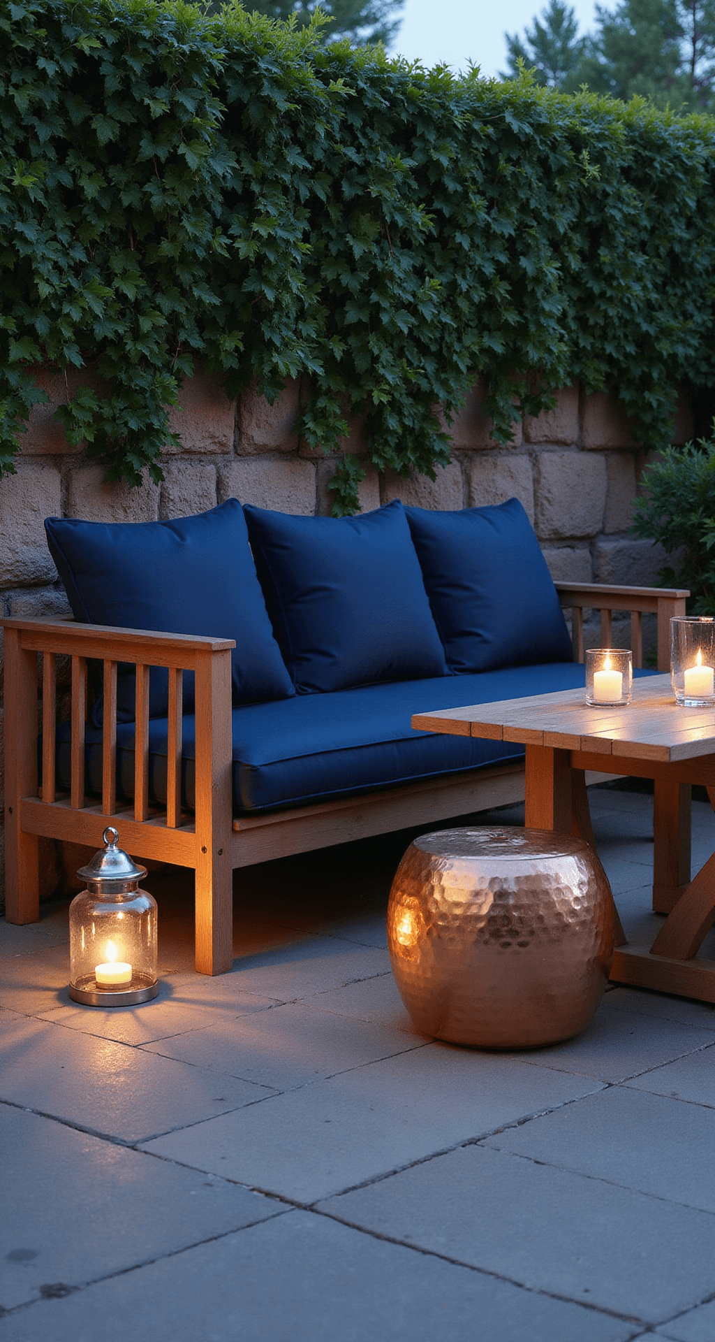 A tranquil outdoor seating arrangement featuring a weathered teak bench with navy cushions against a stone wall adorned with Boston ivy, flanked by matching ottomans and a hammered copper side table, illuminated by hurricane lanterns with LED candles during the blue hour.