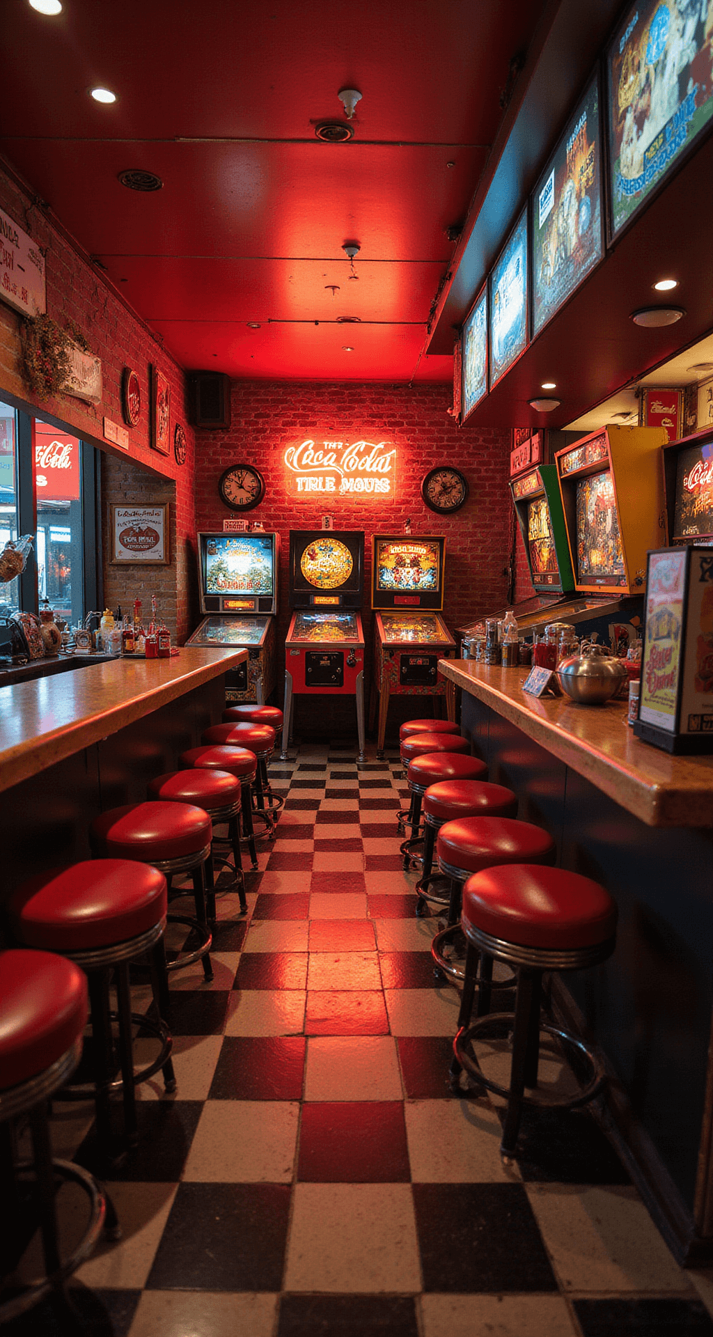 A vintage game room bar featuring salvaged arcade machines with neon lighting, a restored 1950s diner-style bar with red vinyl stools, and black-and-white checkerboard floor tiles, adorned with vintage pinball machines, Coca-Cola memorabilia, captured from a diagonal angle at standing height.