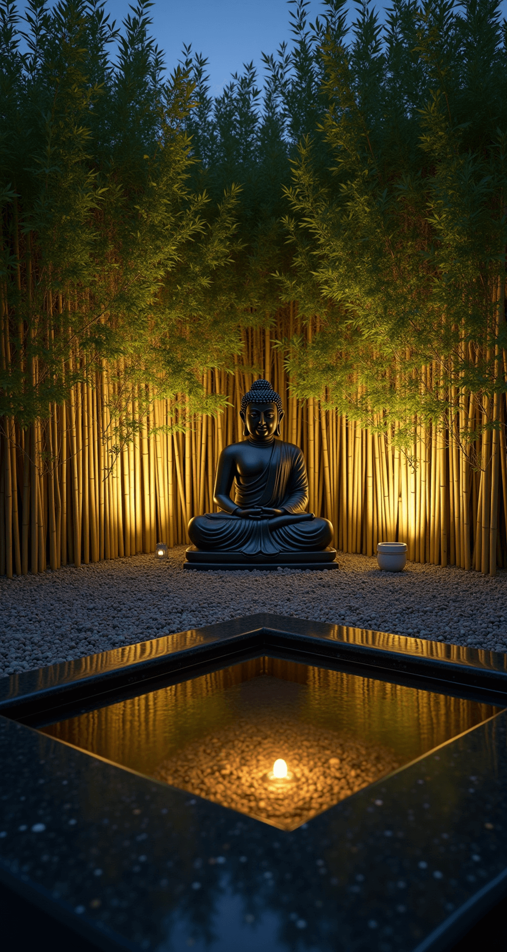 A serene zen garden corner at night featuring a 6-foot Buddha statue surrounded by illuminated bamboo, raked gravel with subtle grazing lights, and a black granite water basin with LED reflections, captured from a low angle to highlight the vertical lines of the bamboo.